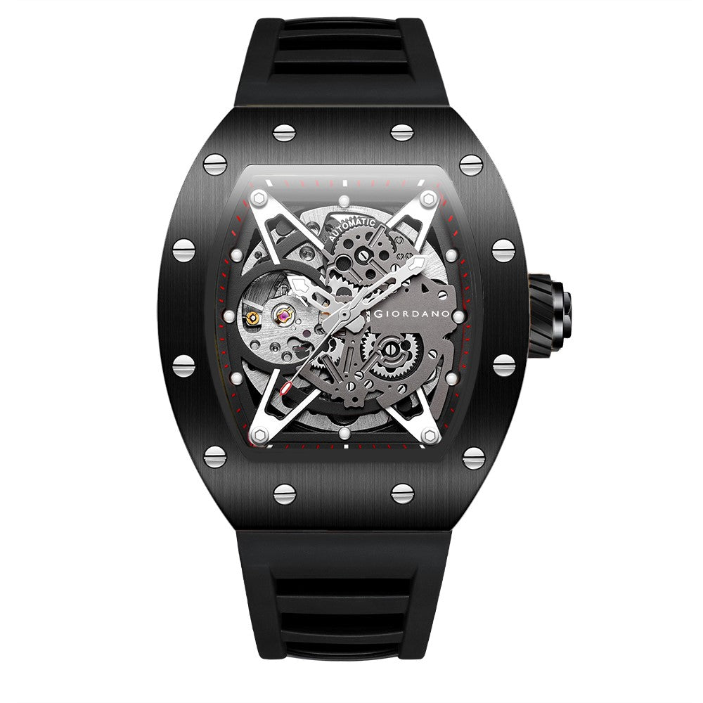 Giordano Automatic Wrist Watch for Men - Open Skeleton Dial | Brushed Steel Case Mechanical Movement with Silicone Strap | GZ-50145-01