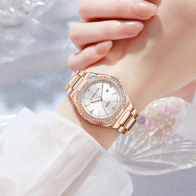 Giordano Analog watch for women with Crystal Bezel, round gloss finish dial, stainless steel strap and date display | GZ-60112-11