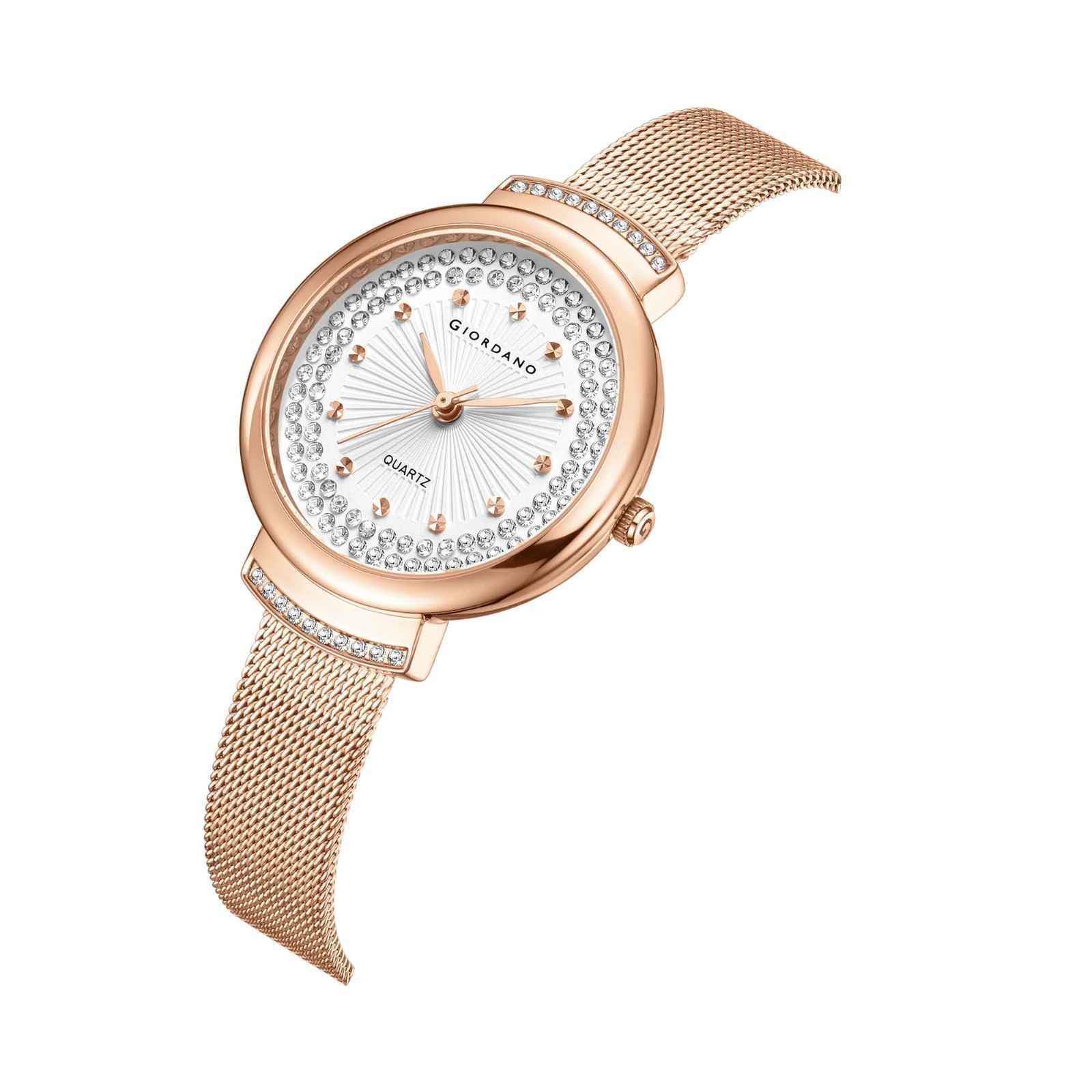 Giordano Luxury Rose Gold Analog Watch for Women – Crystal Embellished Dial, Mesh Strap, Quartz Movement – Elegant Timepiece - GZ-60143-11