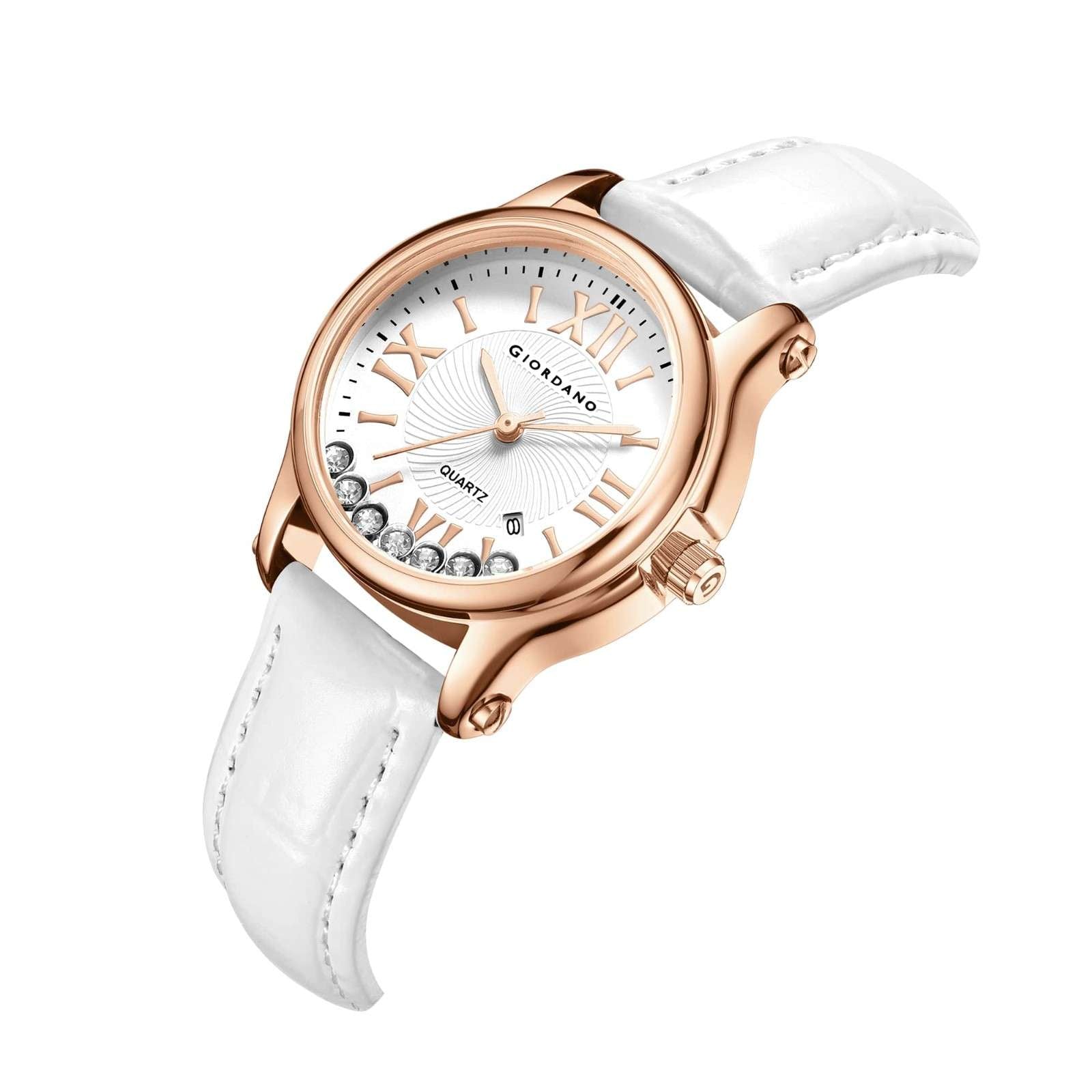 Giordano Luxury Analog Quartz Watch for Women – Rose Gold Case, Roman Numerals, Crystal-Studded Dial, Leather Strap – Elegant Timepiece - GZ-60142-33