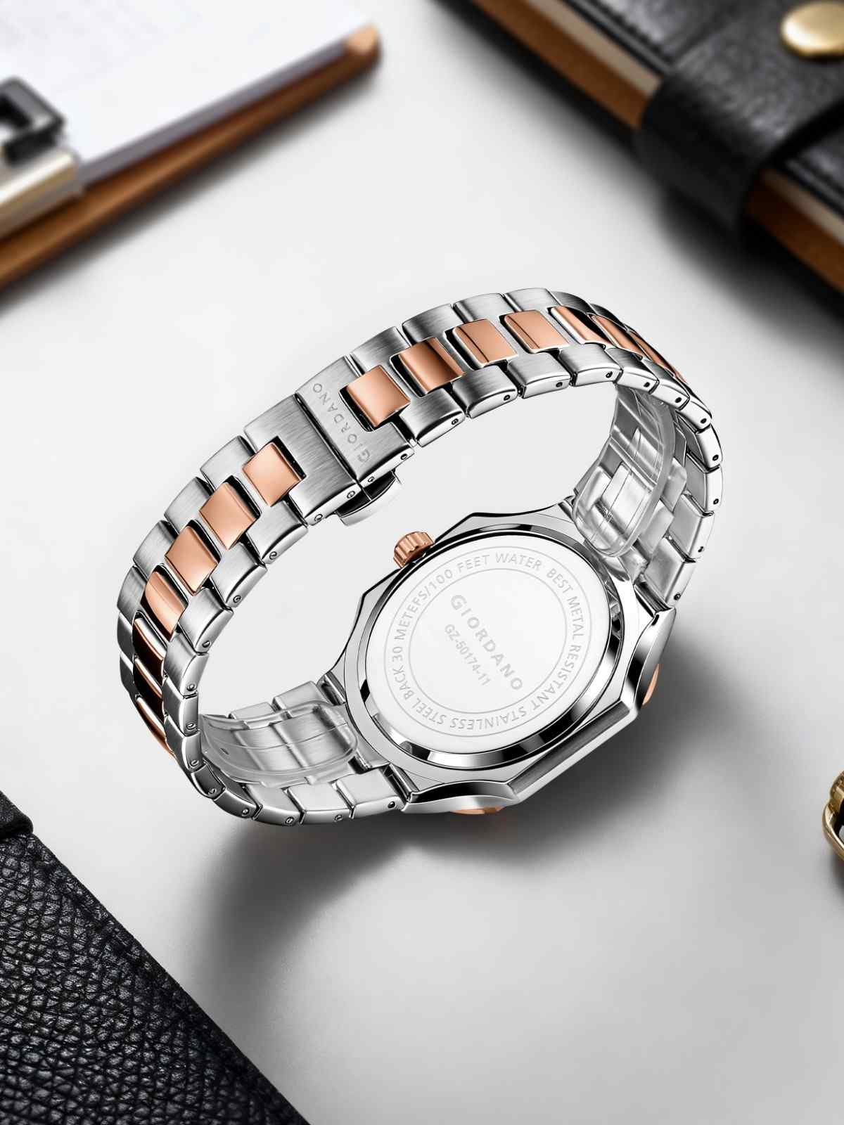 GIORDANO Analog Square Watch for Men – Textured Dial, Two-Tone Stainless Steel Strap, Quartz Movement and Date Display - GZ-50174-11