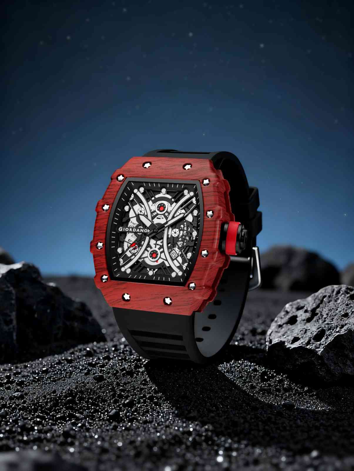 GIORDANO Analog Square Watch for Men with Skeleton Design, Rugged Textured Case, Luminous Hands, and Silicone Strap - GZ-50180-22