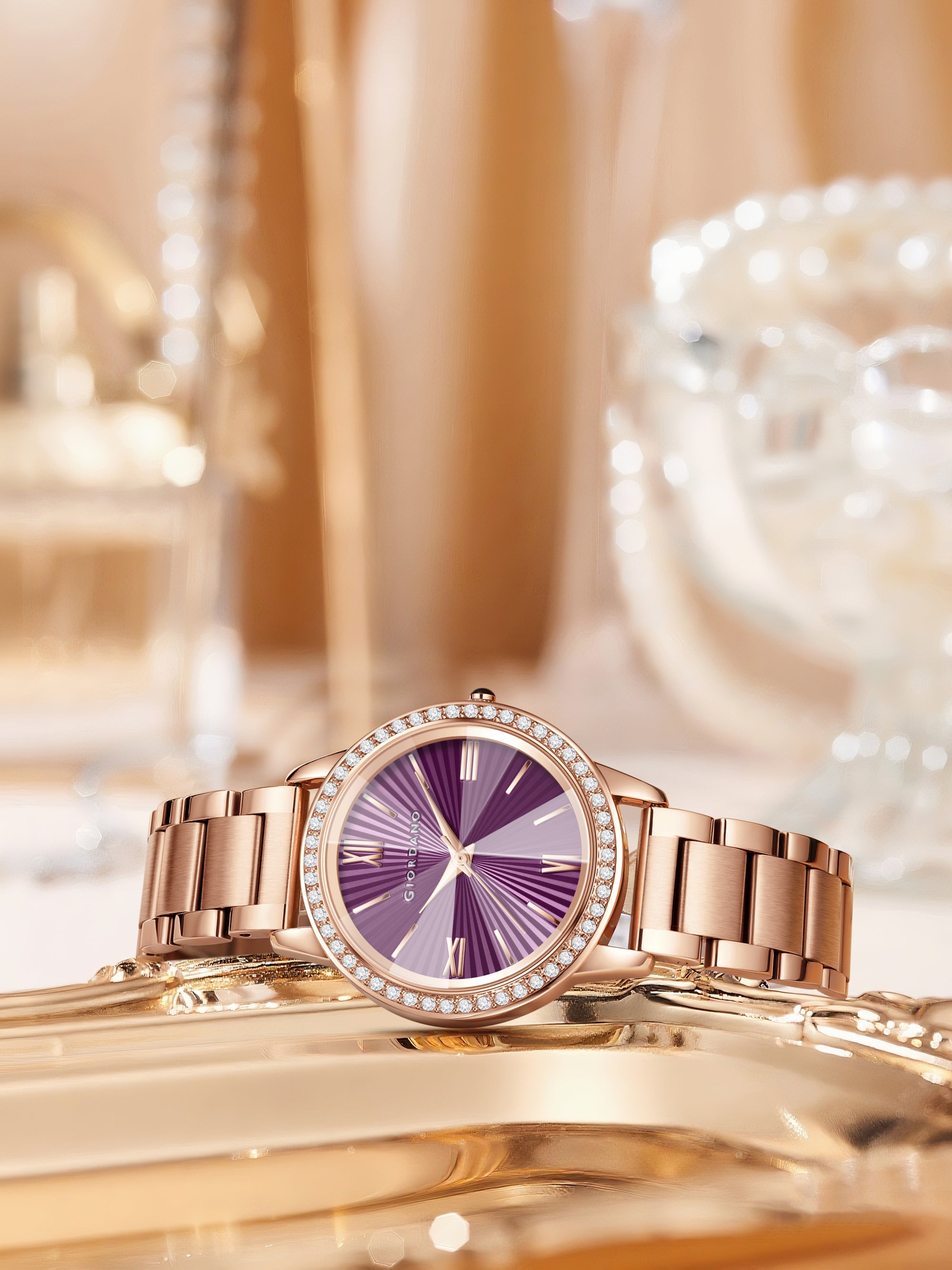 Giordano classic Watch for Women with Round Diamond Cut Glass Dial, Elegant Stainless Steel Strap with Quartz Movement | GZ-60118-33