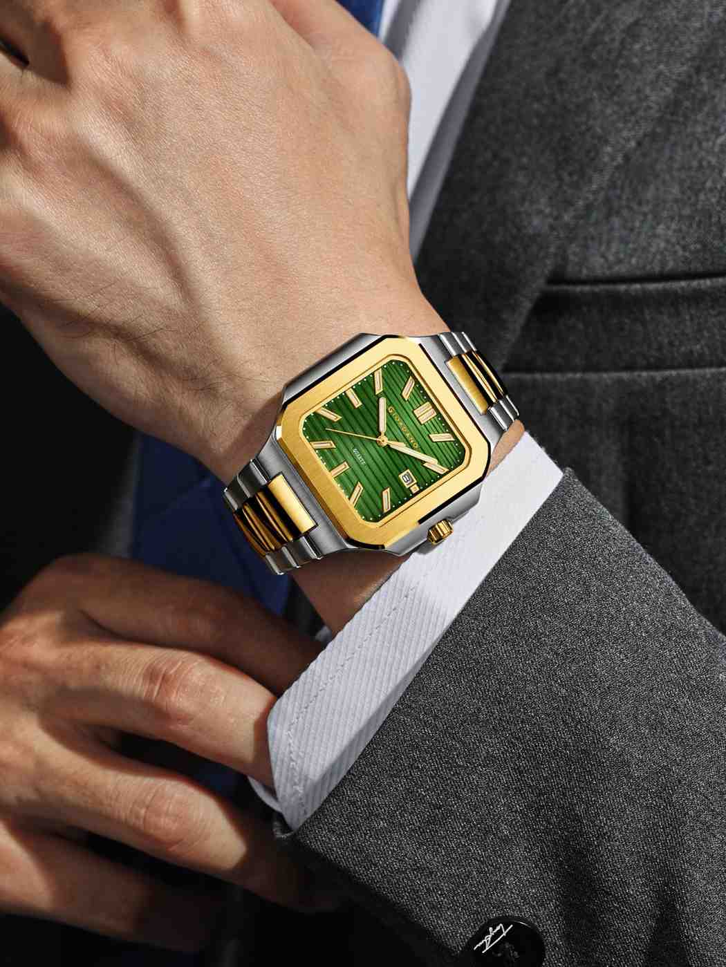 GIORDANO Analog Square Watch for Men – Textured Dial, Two-Tone Stainless Steel Strap, Quartz Movement and Date Display - GZ-50174-33