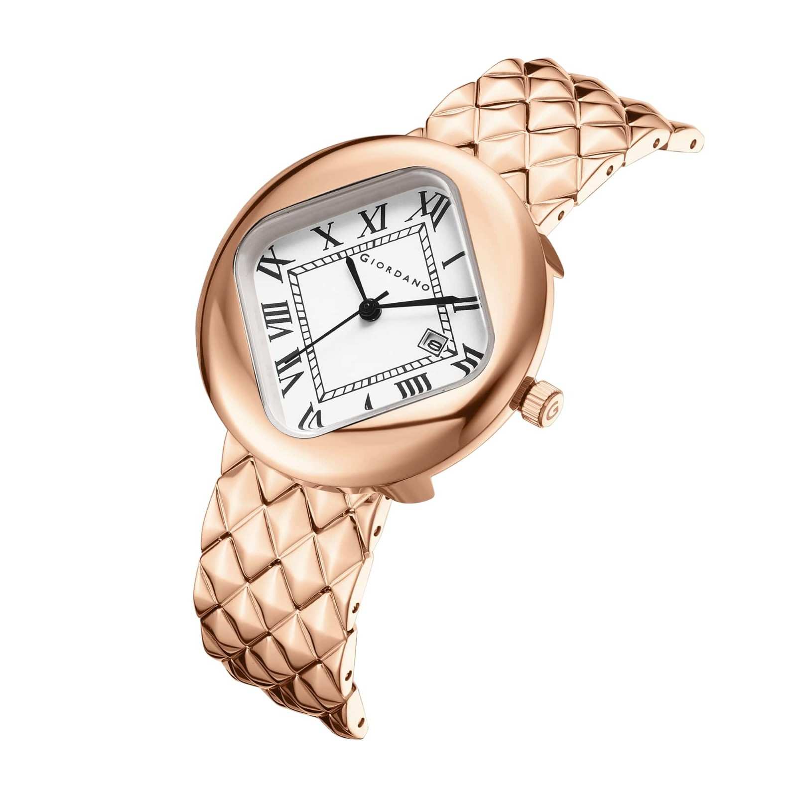 Giordano Elegant Analoge Watch for Women - Unique Rounded-Square Dial, Roman Numeral Dial, Date Display and Textured Stainless Steel Strap | GZ-60121-22