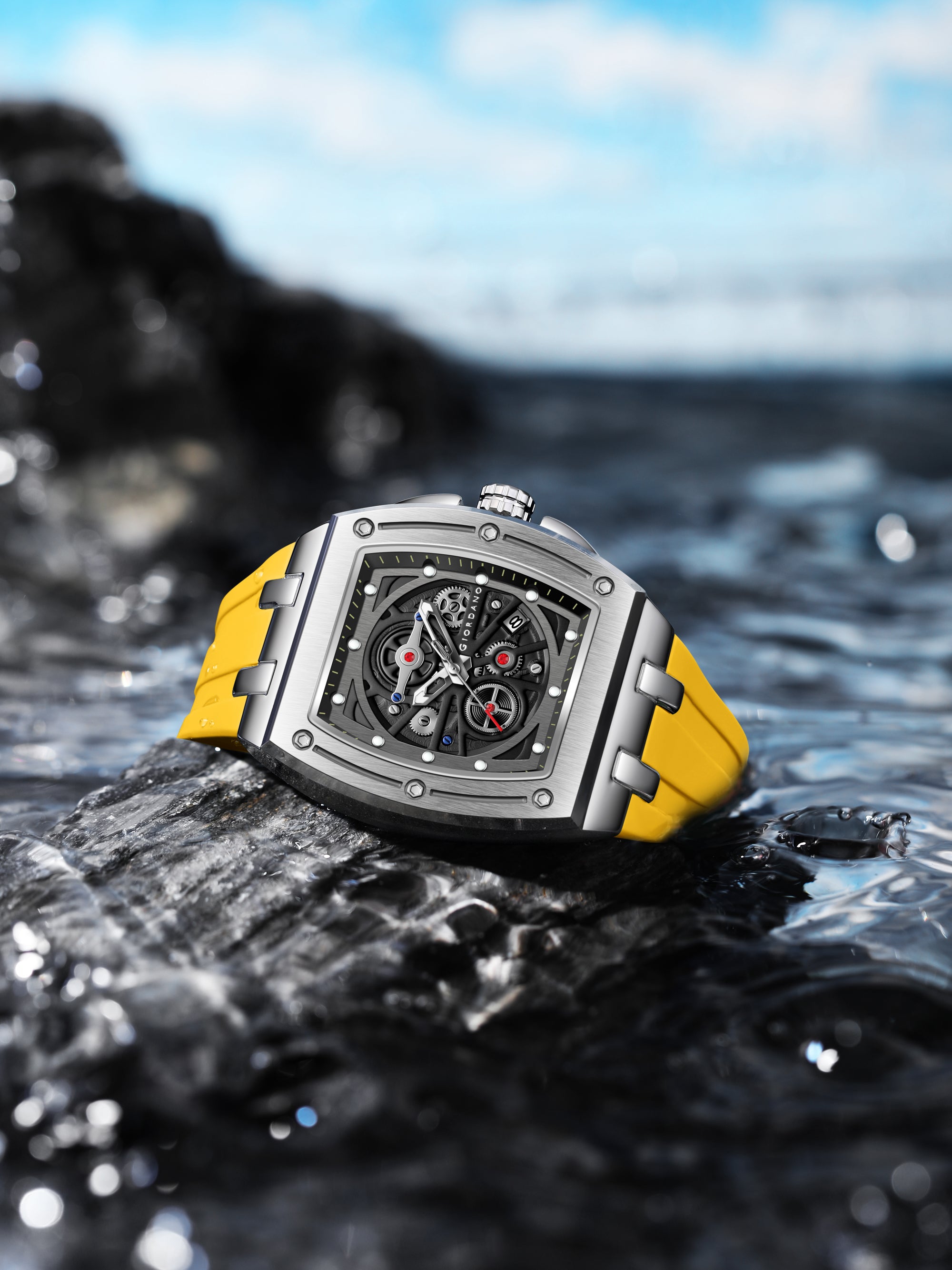 Giordano Sqaure Analog Casual Sporty Watch for Men – Mechanical-Inspired Dial, Date Display, Quartz Movement and Comfortable Silicone Strap | GZ-50151-04