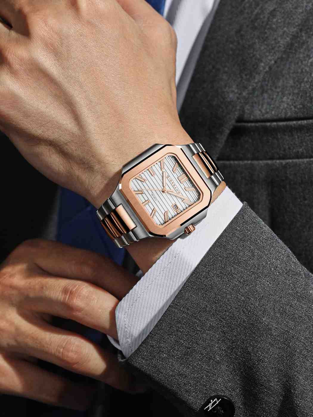 GIORDANO Analog Square Watch for Men – Textured Dial, Two-Tone Stainless Steel Strap, Quartz Movement and Date Display - GZ-50174-22