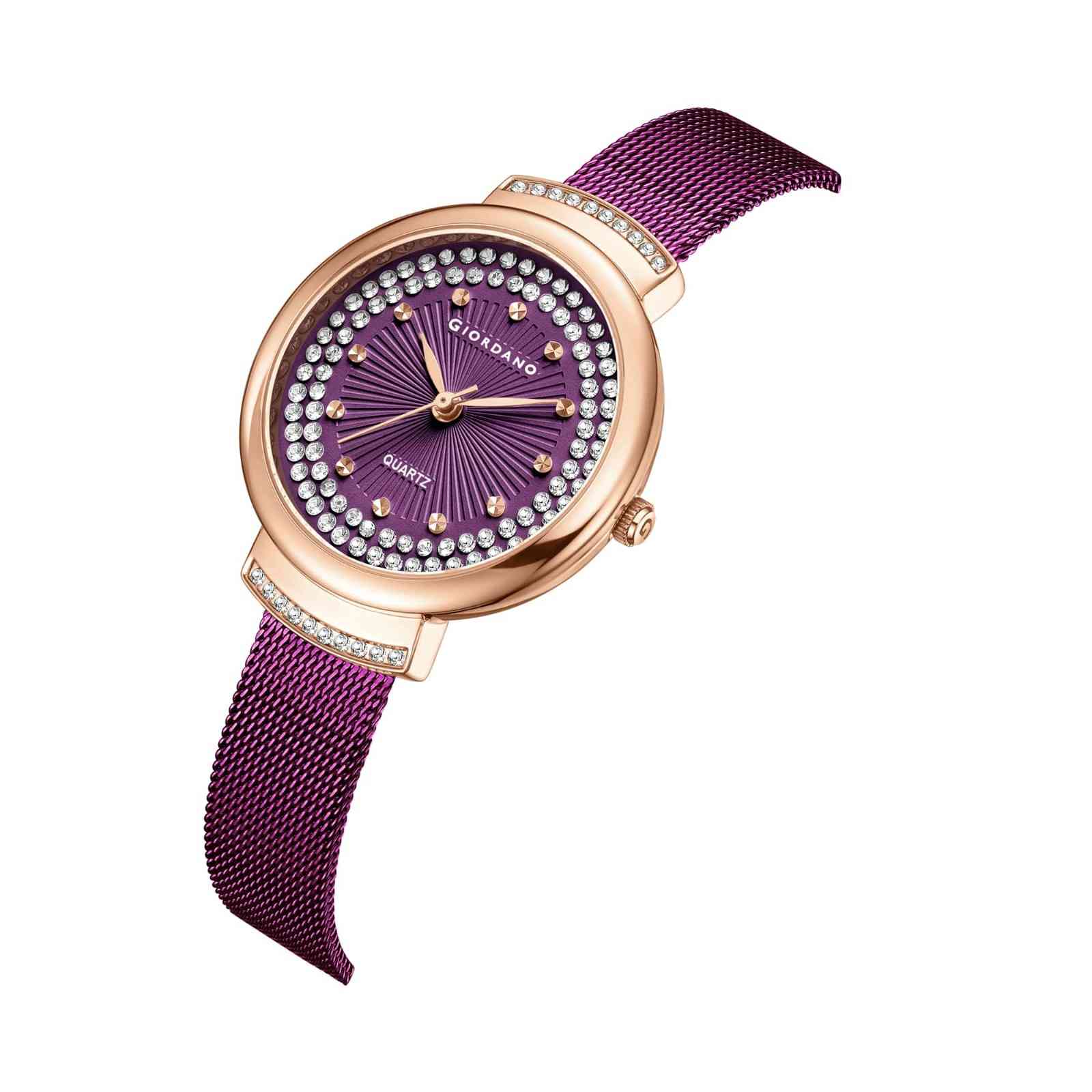 Giordano Luxury Rose Gold Analog Watch for Women – Crystal Embellished Dial, Mesh Strap, Quartz Movement – Elegant Timepiece - GZ-60143-22