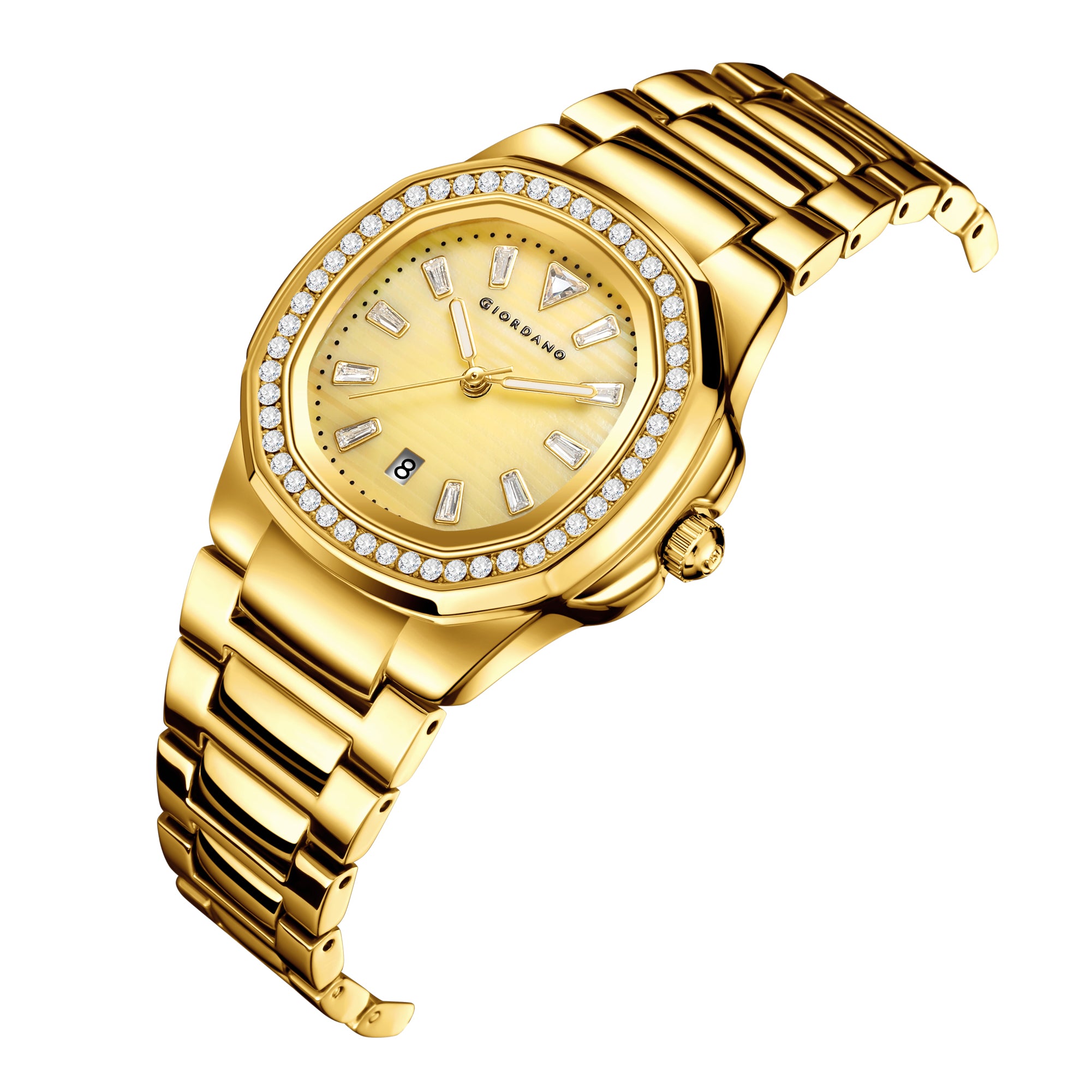 Giordano Luxury Watch for Women with crystal indices ,textured Dial, stainless steel strap and date display | GZ-60116-33
