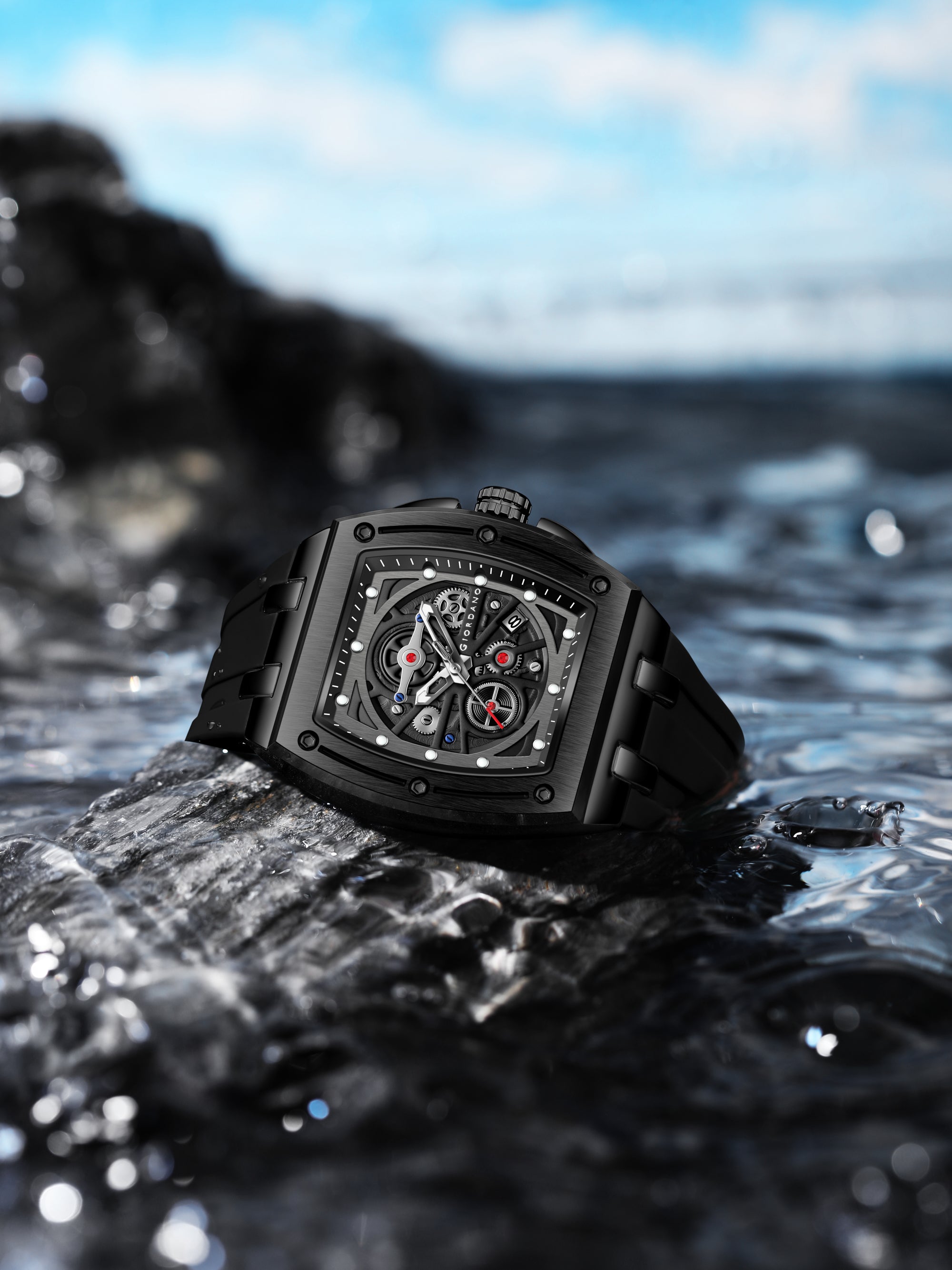 Giordano Sqaure Analog Casual Sporty Watch for Men – Mechanical-Inspired Dial, Date Display, Quartz Movement and Comfortable Silicone Strap | GZ-50151-01