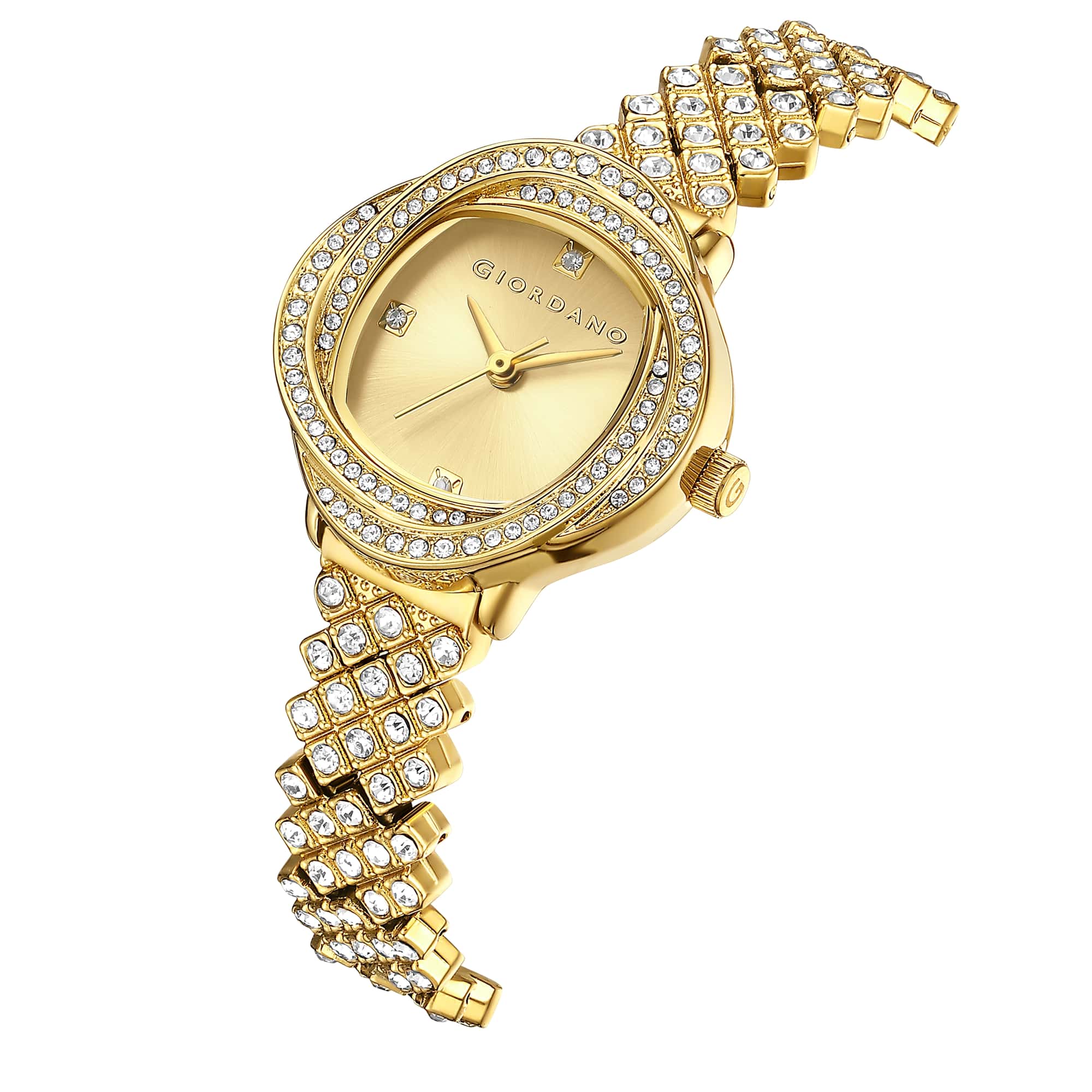 Giordano Luxury Crystal Watch for Women, Stainless Steel Strap, Diamond-Studded Bezel, Elegant Dress Timepiece | GZ-60120-22