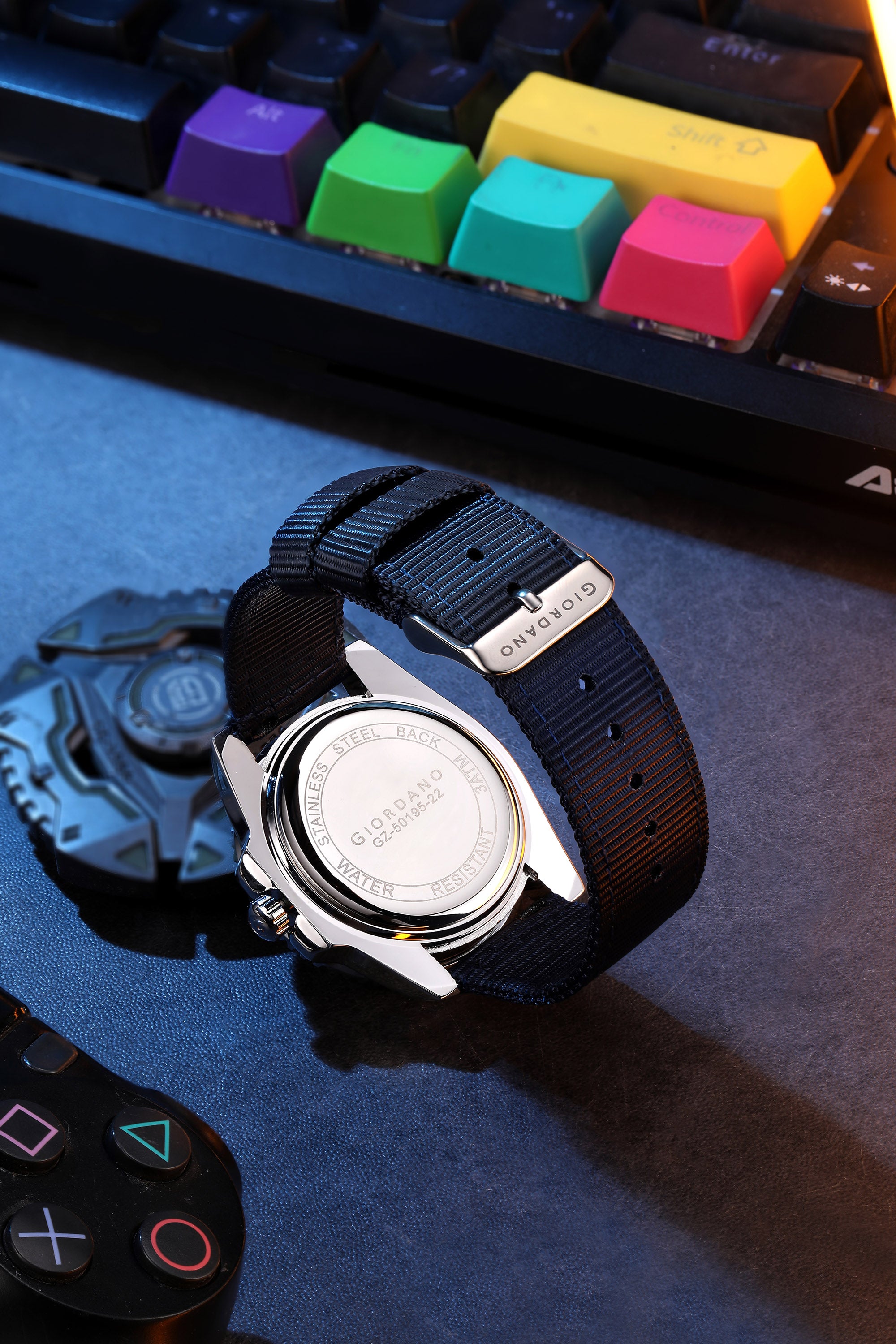 Giordano Analog Quartz Watch for Men with Black Textured Fish Scale Dial, Luminous Hands & Markers, Date Window, Nylon NATO Strap, Rotating Bezel GZ-50195-22