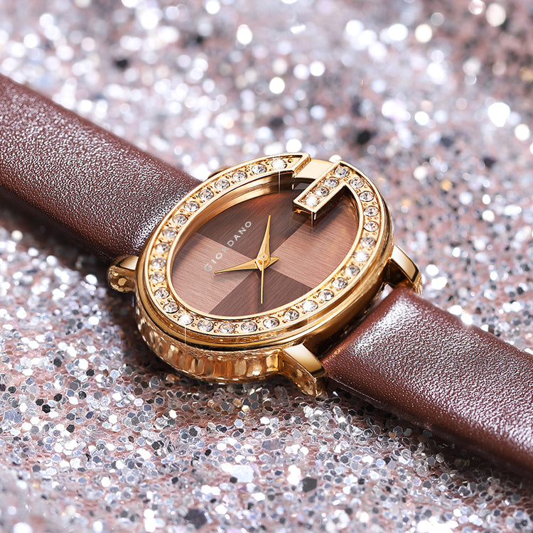 Giordano Monogram Watch for Women with Elegant Oval Shape Dial ,crystal bezel, Quartz Movement and Leather Strap | GZ-60105-03