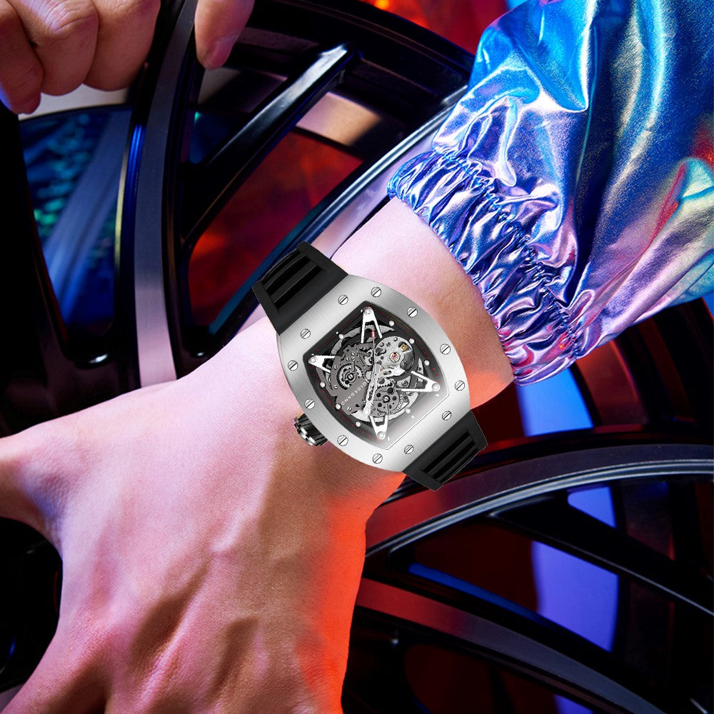 Giordano Automatic Wrist Watch for Men - Open Skeleton Dial | Brushed Steel Case Mechanical Movement with Silicone Strap | GZ-50145-02