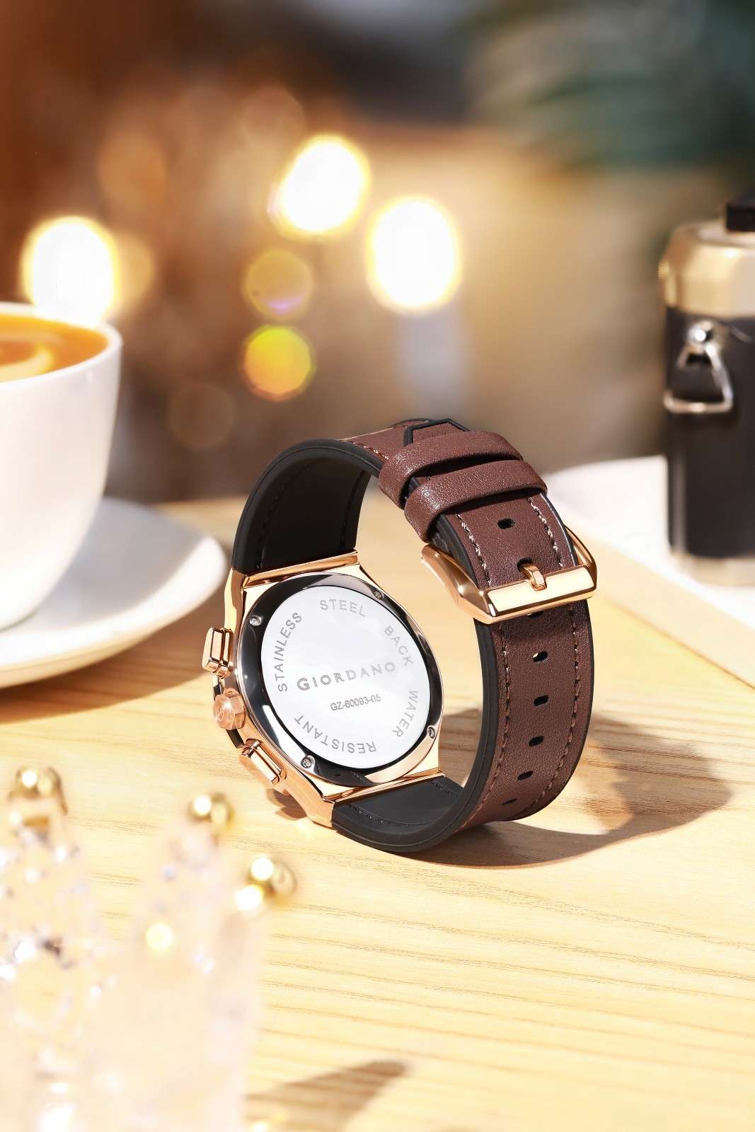 Giordano analog Watch for Women  – Round Dial,  Leather Strap, Crystal-Studded Bezel with Quartz Movement-GZ-60093-05