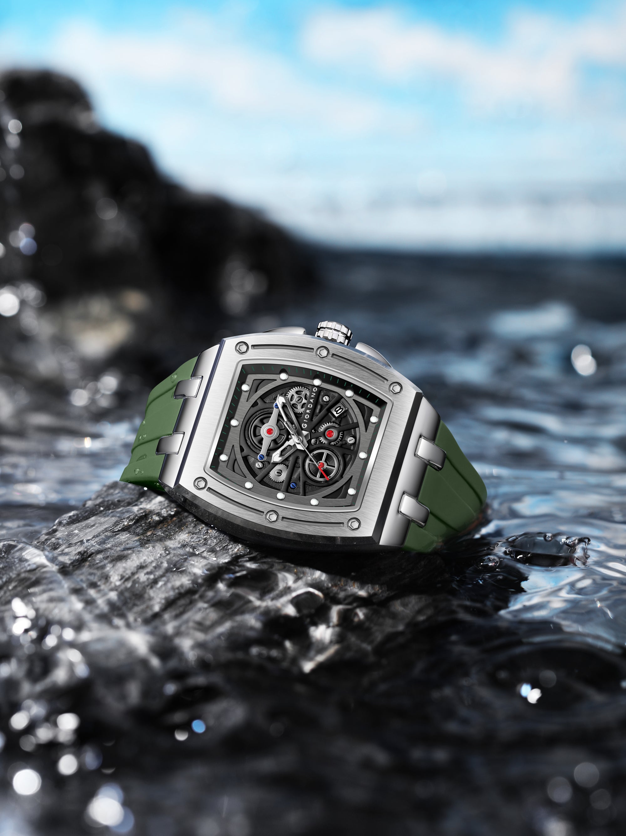 Giordano Sqaure Analog Casual Sporty Watch for Men – Mechanical-Inspired Dial, Date Display, Quartz Movement and Comfortable Silicone Strap | GZ-50151-03