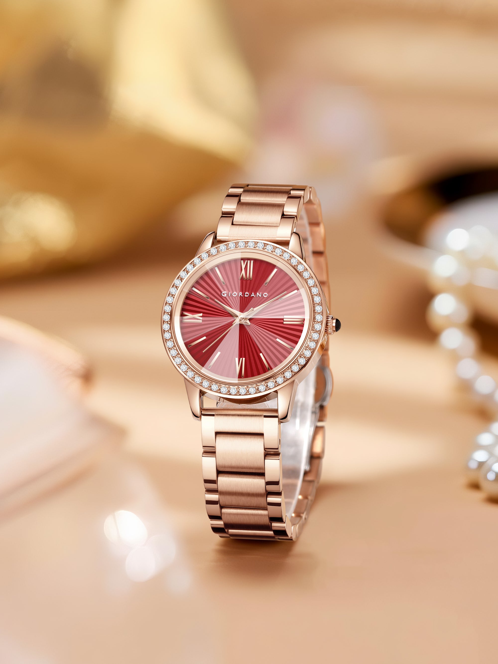 Giordano classic Watch for Women with Round Diamond Cut Glass Dial, Elegant Stainless Steel Strap with Quartz Movement | GZ-60118-22