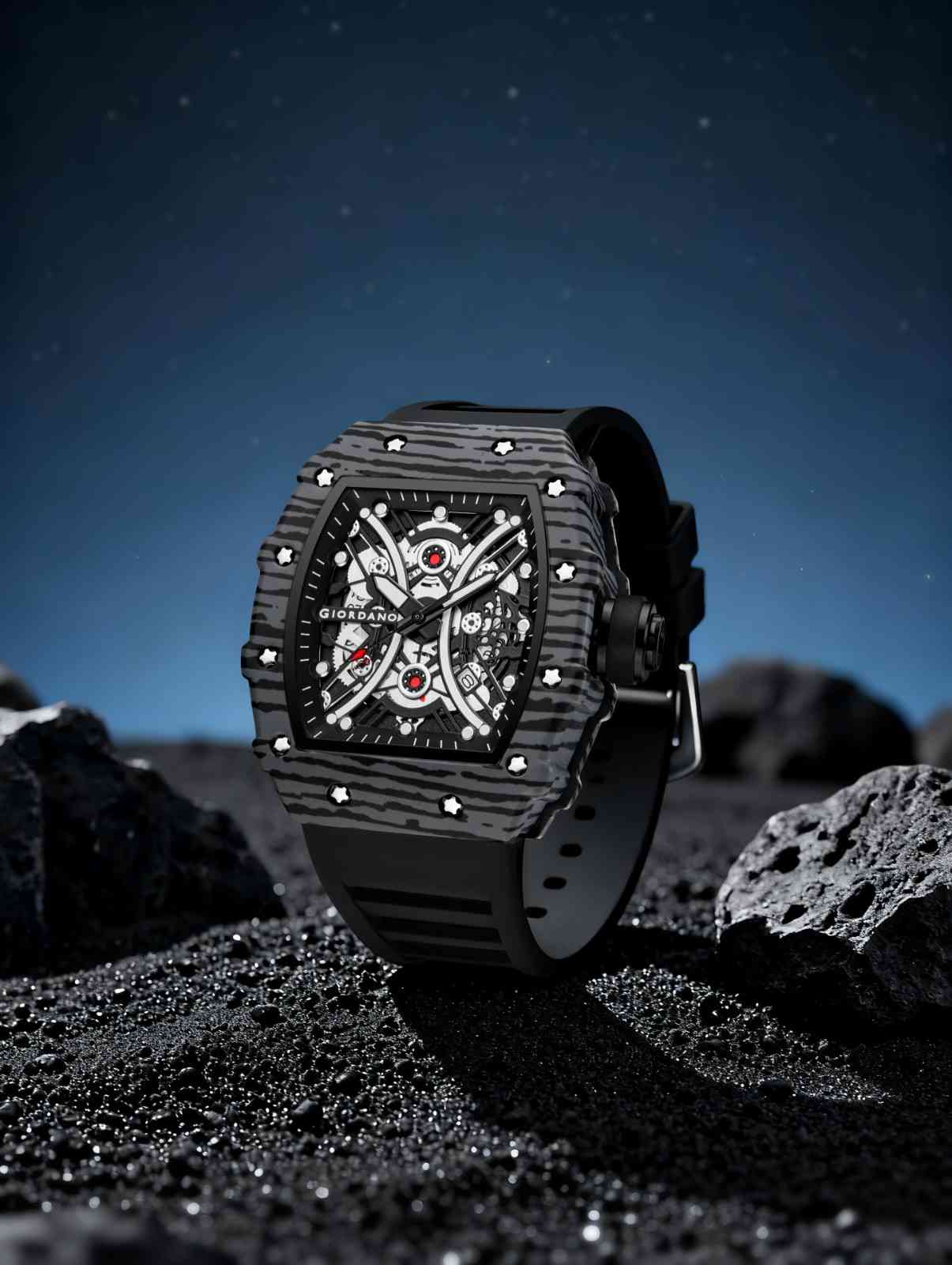 GIORDANO Analog Square Watch for Men with Skeleton Design, Rugged Textured Case, Luminous Hands, and Silicone Strap - GZ-50180-11