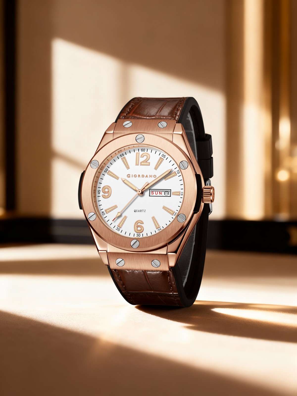 GIORDANO Luxury Watch for Men with Leather Strap, Day-Date Display, Brushed Metal Finish, and Silver Screw Details - GZ-50176-03