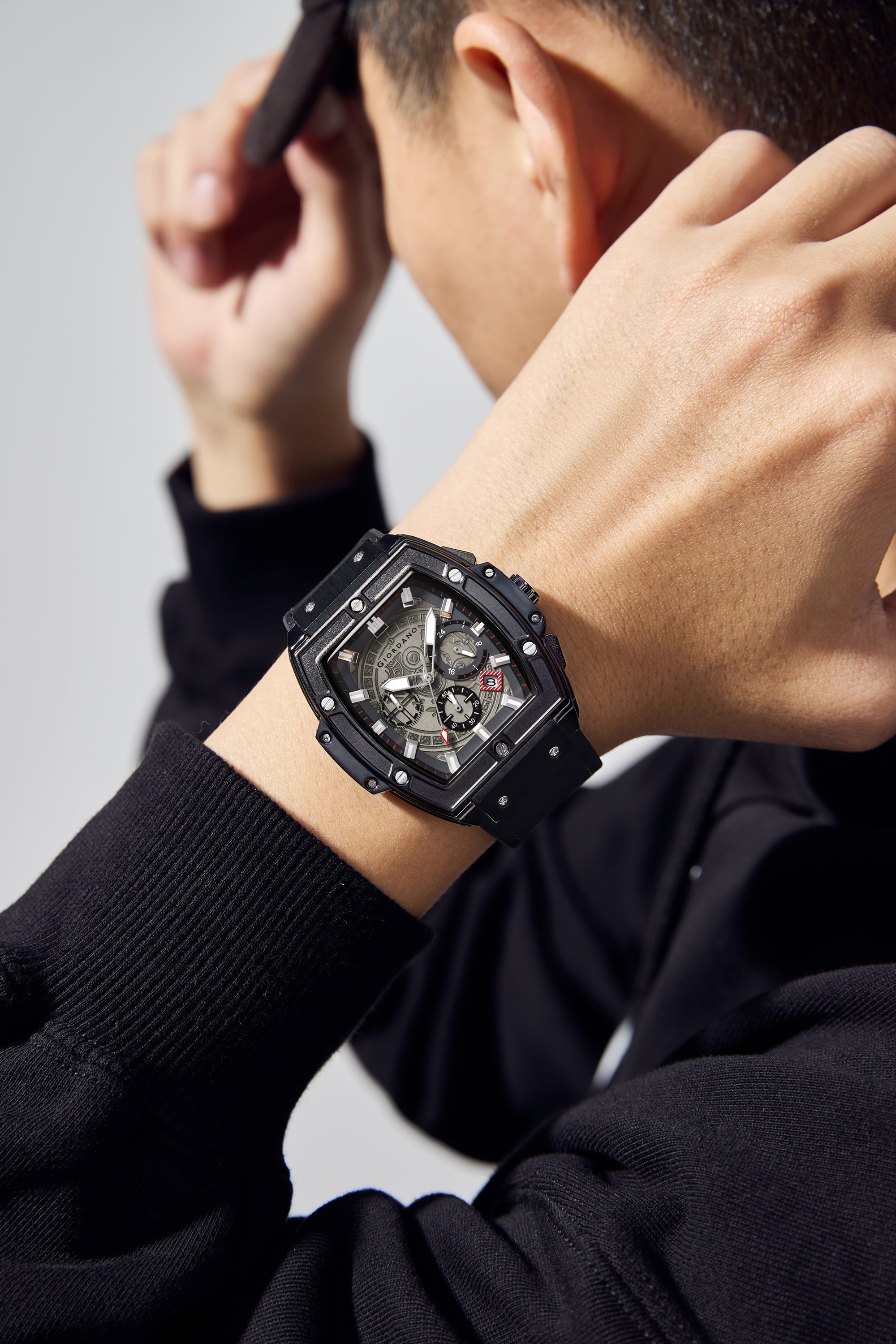 Giordano Terminator Men's Black Leather Multifunction Watch - with Day, Date, and 24-Hour Sub-Dials | Water Resistant Square Dial Unique Design Wrist Watch for Man | GZ-50098-03