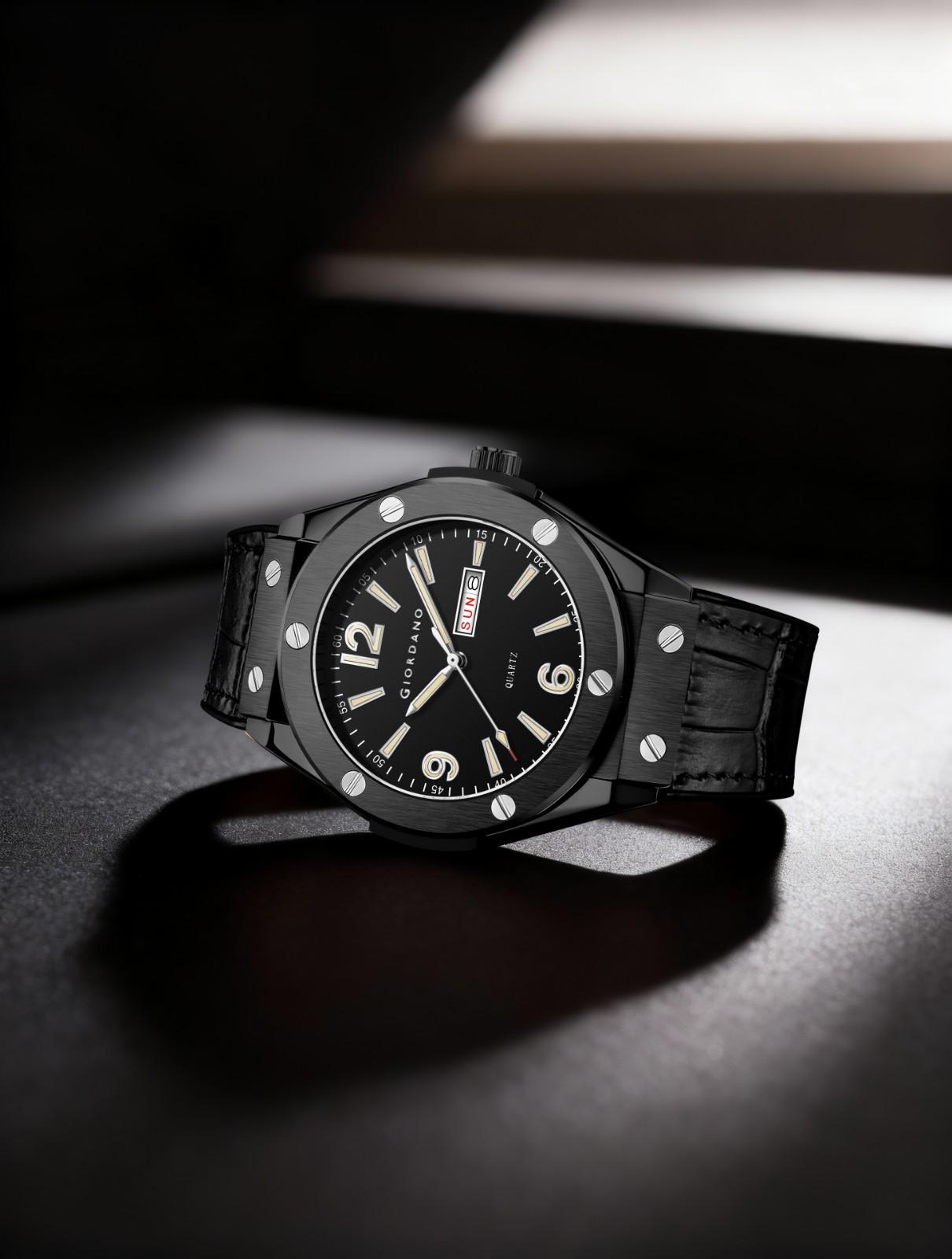 GIORDANO Luxury Watch for Men with Leather Strap, Day-Date Display, Brushed Metal Finish, and Silver Screw Details - GZ-50176-01