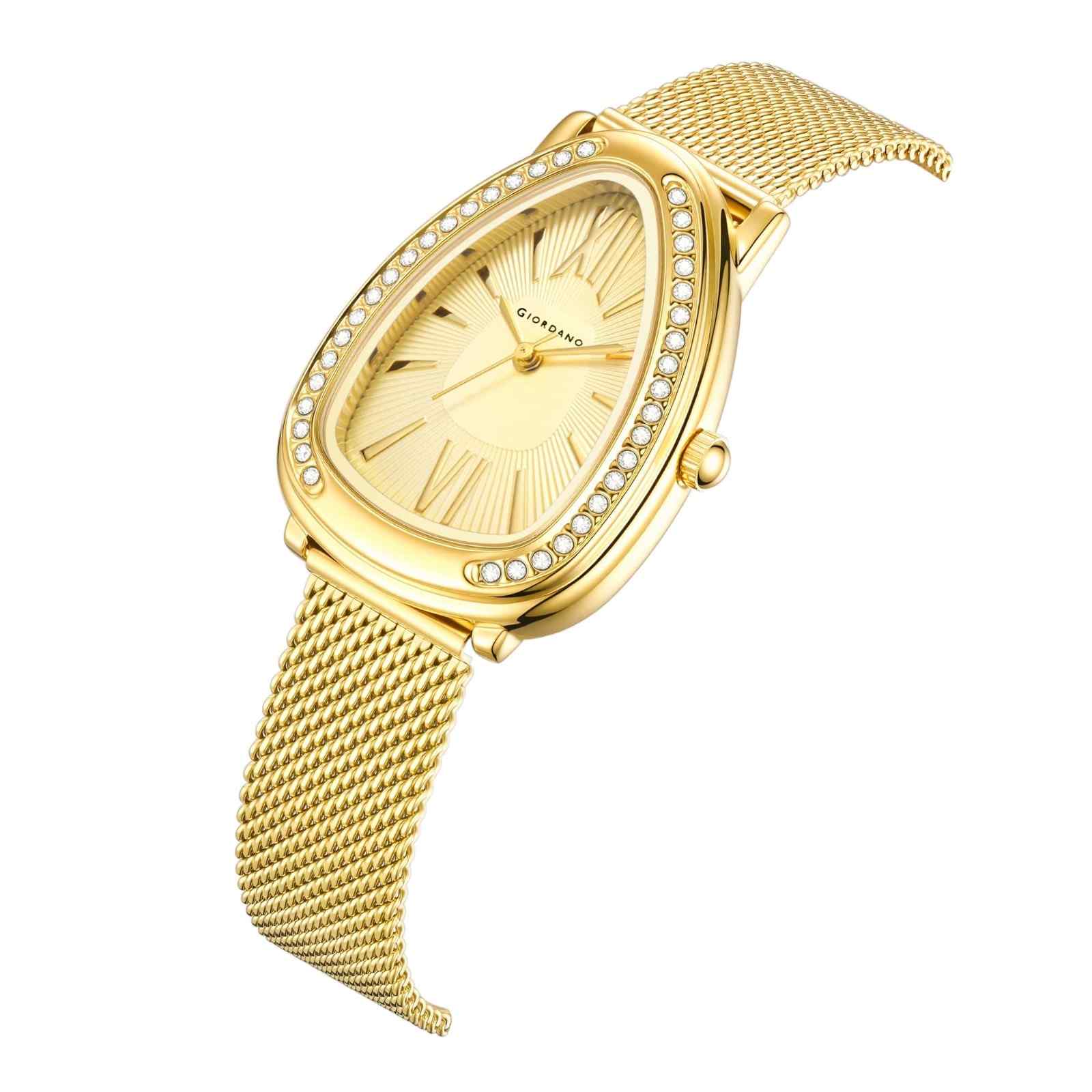 GIORDANO Elegant Analog Watch for Women | Textured Teardrop Dial, Crystal-Studded Oval Case Bezel & Stainless Steel Mesh Strap - GZ-60123-33