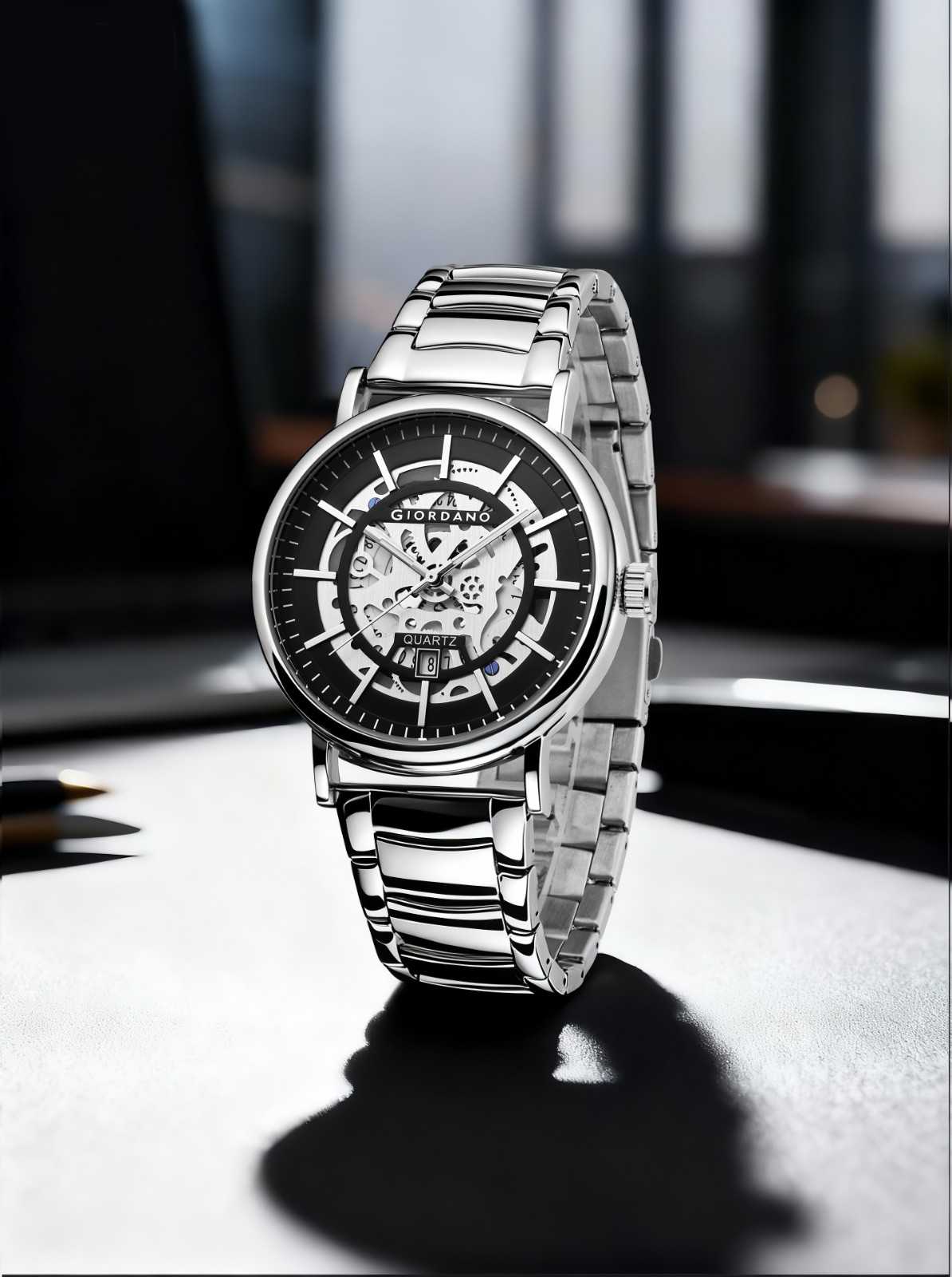GIORDANO Classic Skeleton Design Watch for Men with Super Luminous Hands, Stainless Steel Strap, and Date Display - GZ-50182-22
