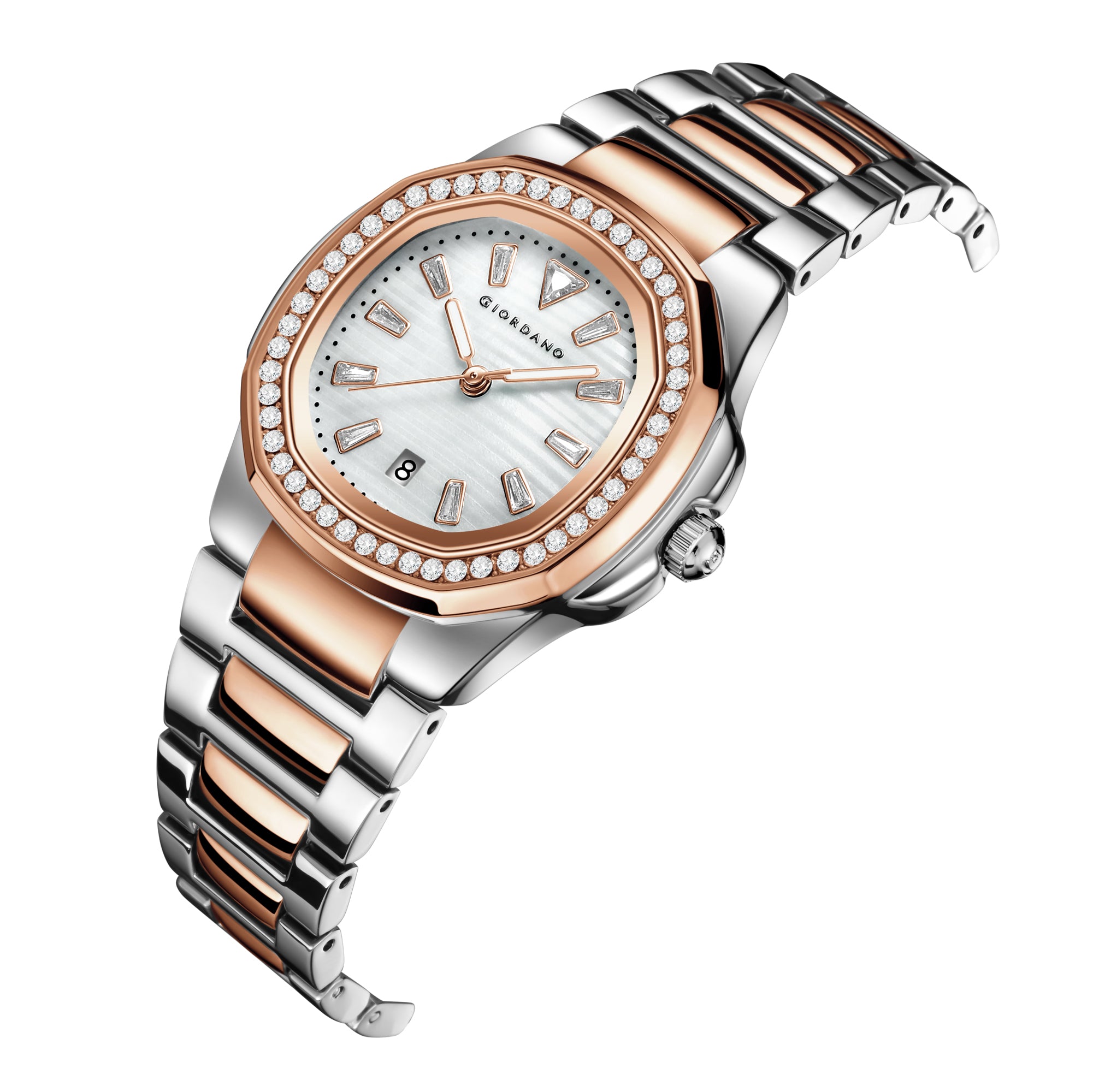 Giordano Luxury Watch for Women with crystal indices ,textured Dial, stainless steel strap and date display | GZ-60116-44