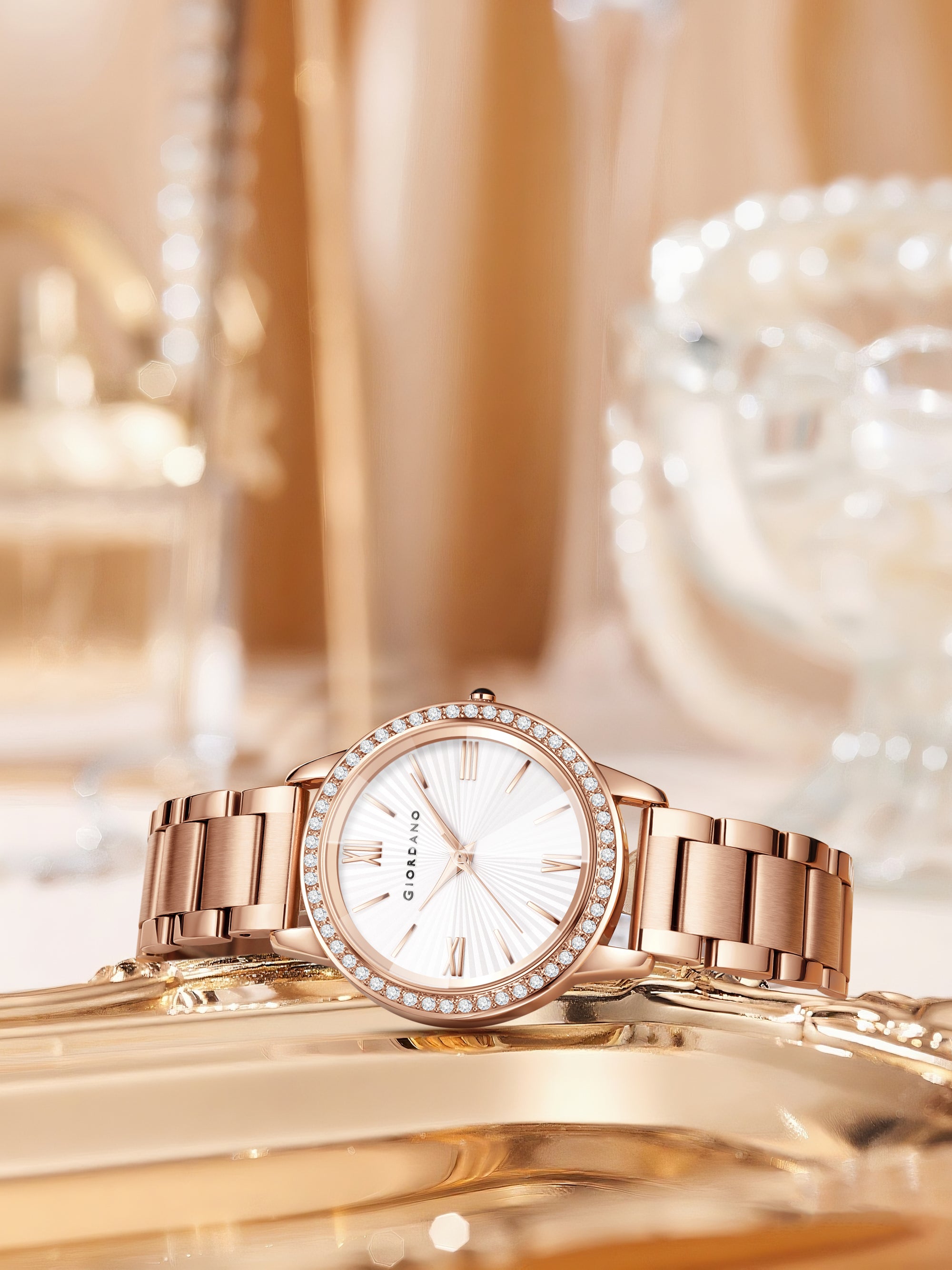 Giordano classic Watch for Women with Round Diamond Cut Glass Dial, Elegant Stainless Steel Strap with Quartz Movement | GZ-60118-44