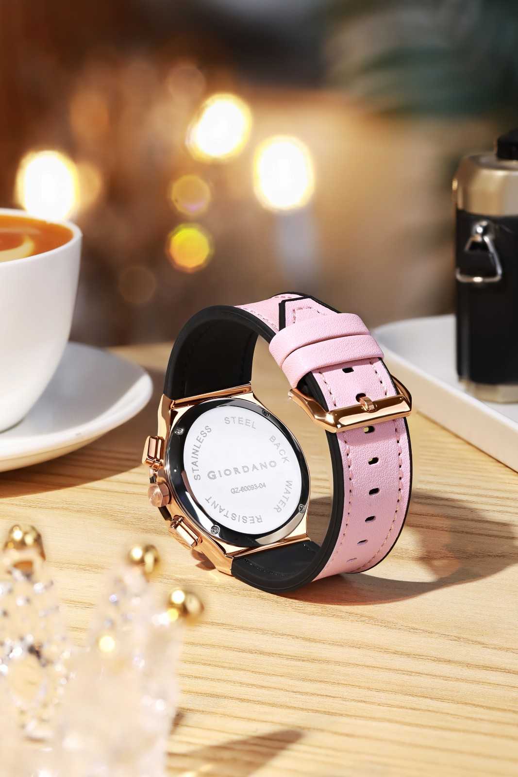 Giordano analog Watch for Women  – Round Dial,  Leather Strap, Crystal-Studded Bezel with Quartz Movement-GZ-60093-04