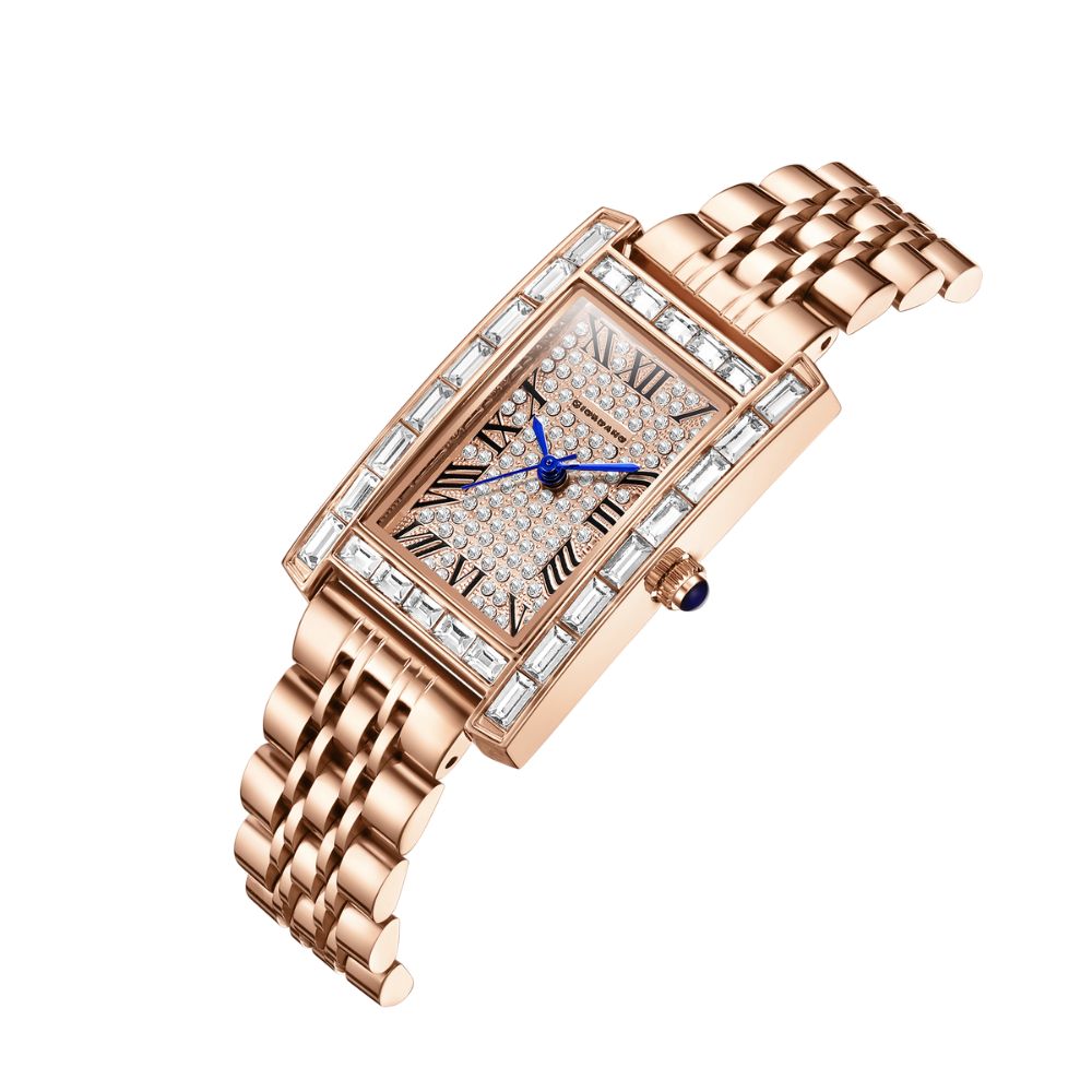 Giordano Rectangular Dress Watch for women with Crystal Bezel, roman indiced and Sparkling Dial | GZ-60119-33
