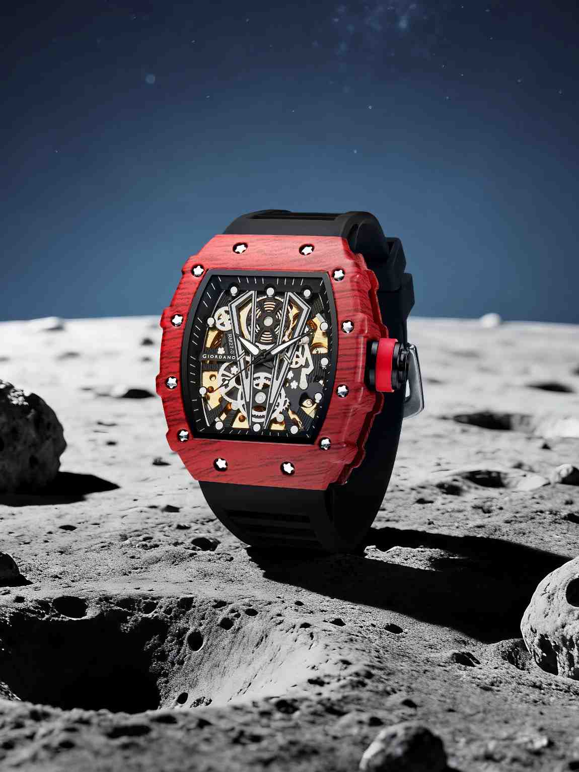 GIORDANO Automatic Square Watch for Men with Skeleton Design, Rugged Textured Case, Luminous Hands, and Silicone Strap - GZ-50181-22