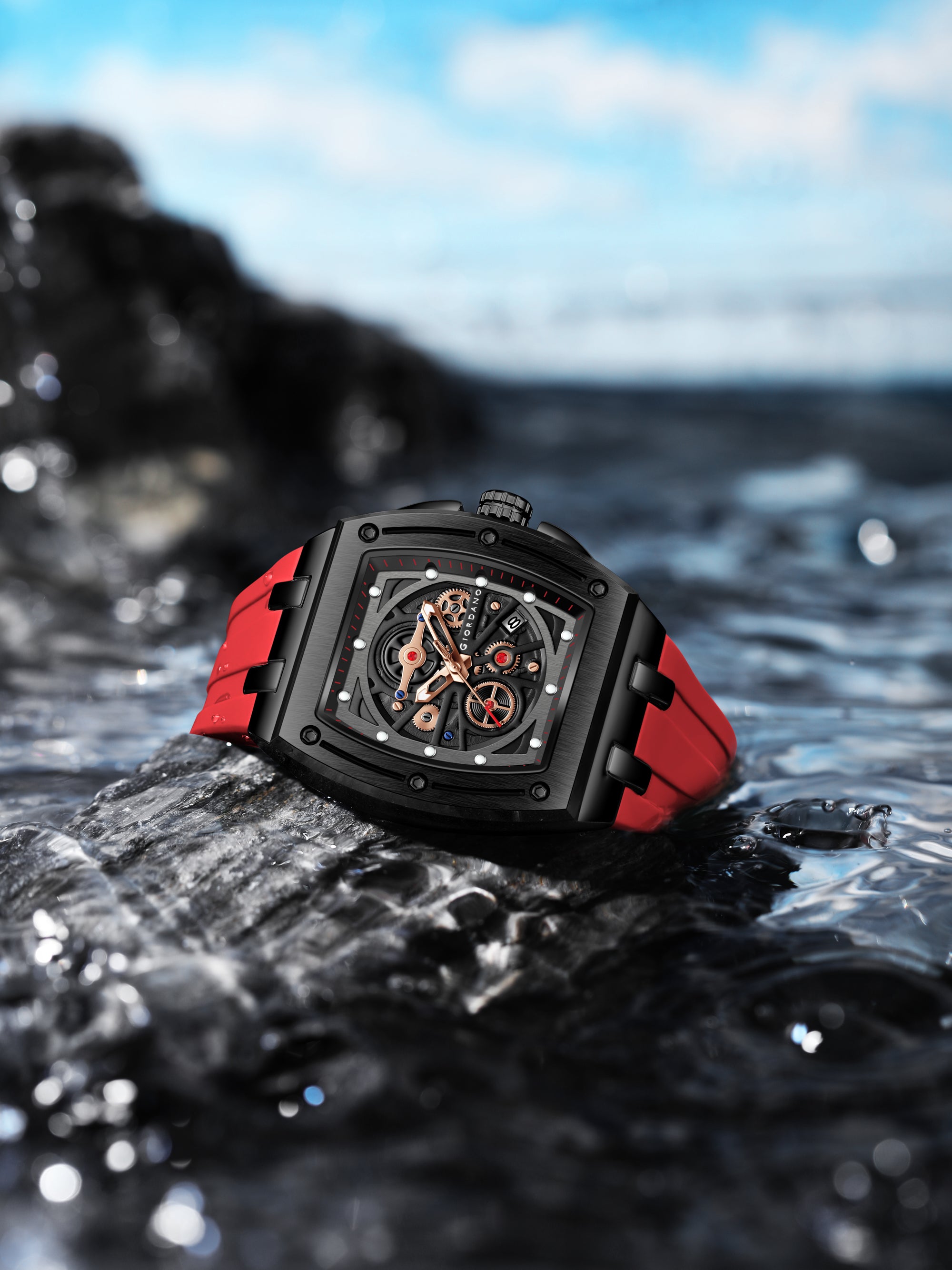 Giordano Sqaure Analog Casual Sporty Watch for Men – Mechanical-Inspired Dial, Date Display, Quartz Movement and Comfortable Silicone Strap | GZ-50151-02