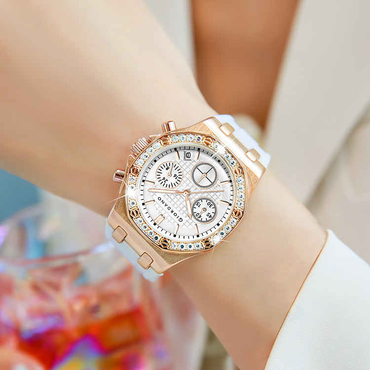 Giordano Chronograph Watch for Women | Stainless Steel Case, Crystal bezel | Modern & Stylish Timepiece with Comfortable Silicone Strap | GZ-50154-22