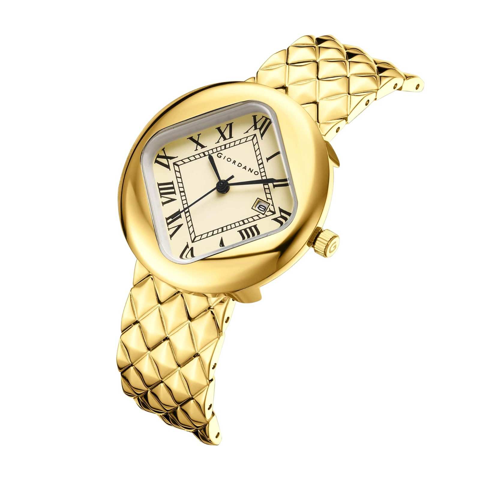 Giordano Elegant Analoge Watch for Women - Unique Rounded-Square Dial, Roman Numeral Dial, Date Display and Textured Stainless Steel Strap | GZ-60121-33