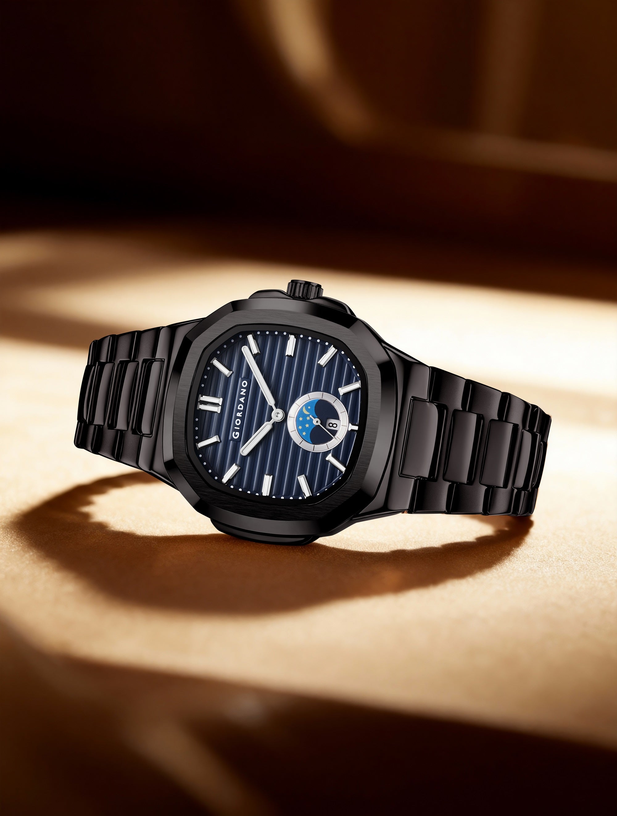 GIORDANO Analog Watch for Men – Classic Moon Phase Design with Textured Dial, Durable Stainless Steel Strap, and Date Display - GZ-50179-22