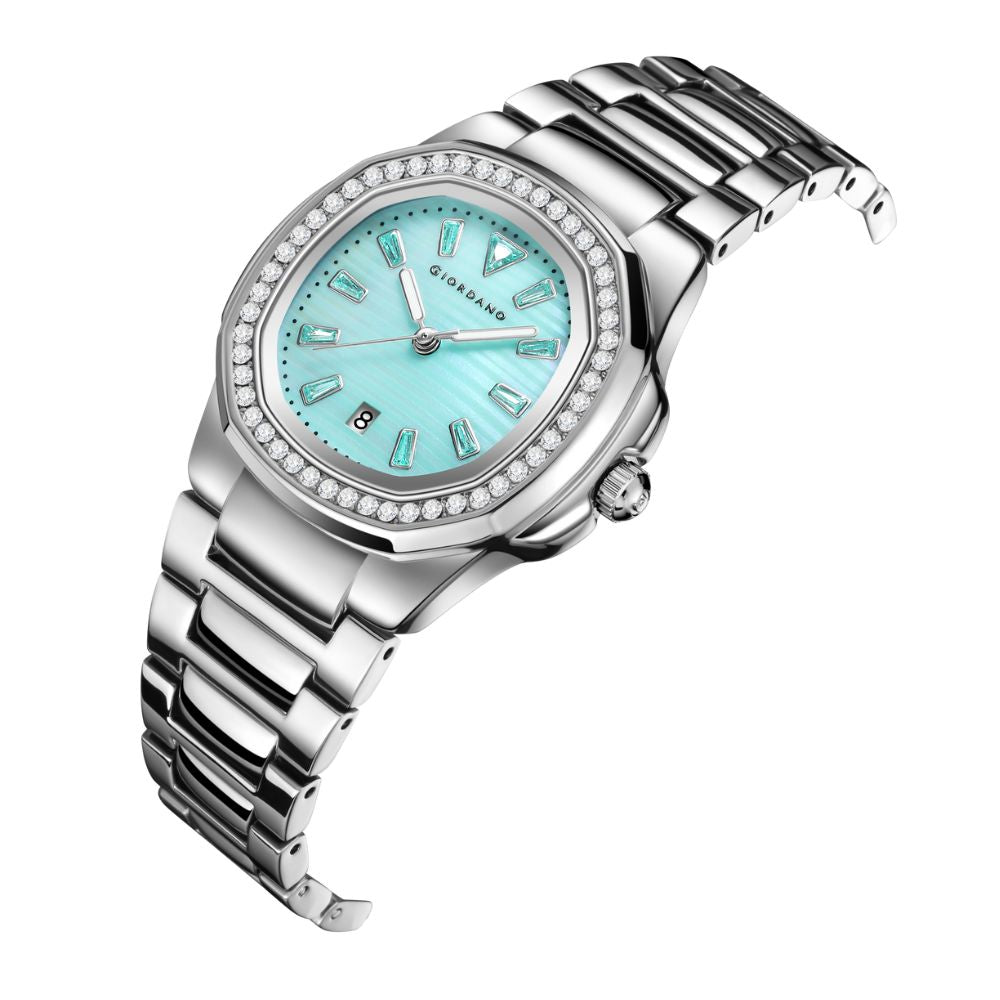 Giordano Luxury Watch for Women with crystal indices ,textured Dial, stainless steel strap and date display | GZ-60116-11