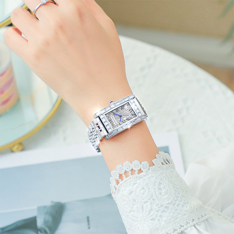 Giordano Rectangular Dress Watch for women with Crystal Bezel, roman indiced and Sparkling Dial | GZ-60119-11