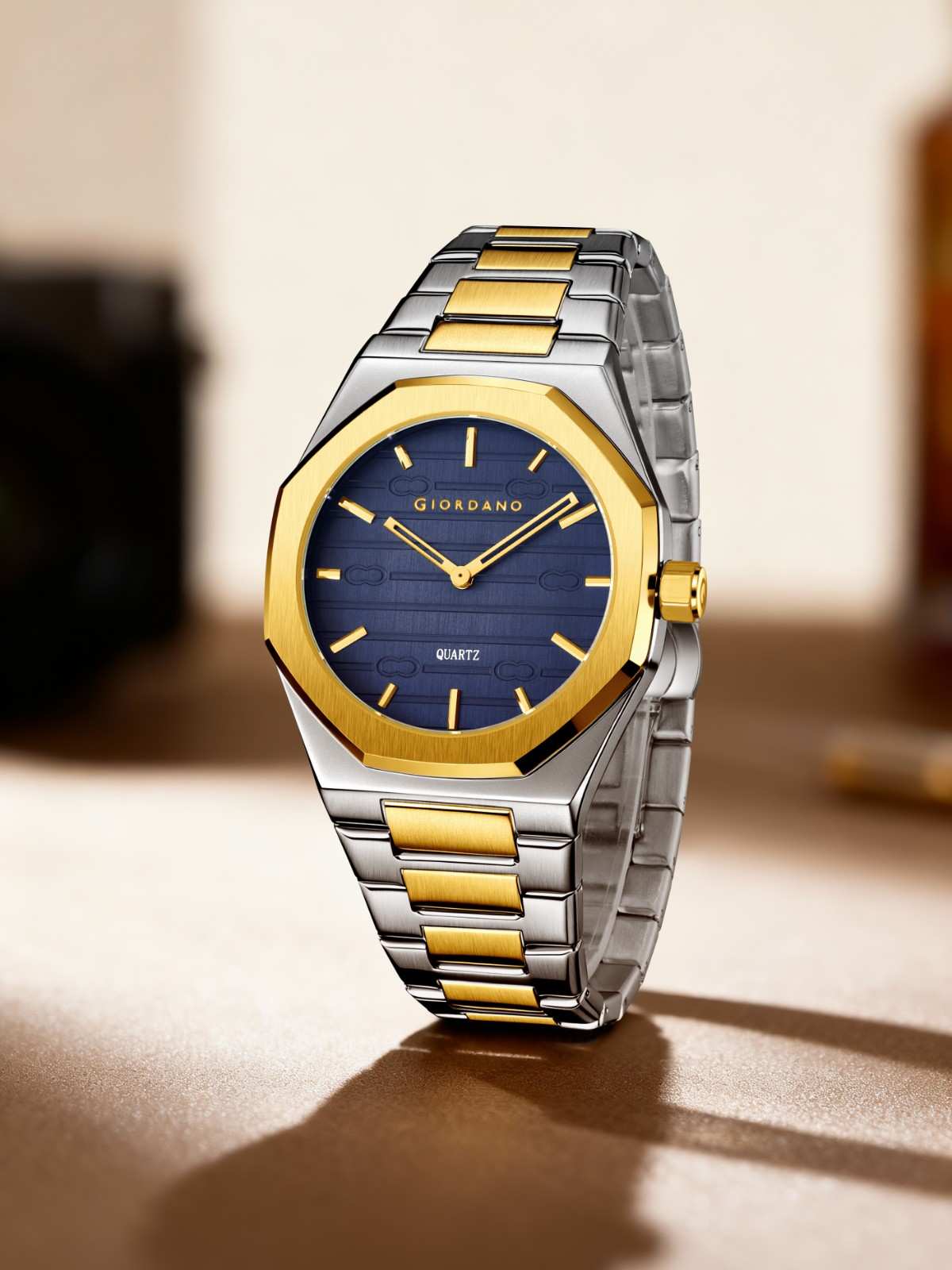 GIORDANO Elegant Analog Watch for Men with Octagonal Textured Dial, Stainless Steel Strap, Luminous Markers, and Quartz Movement - GZ-50178-11