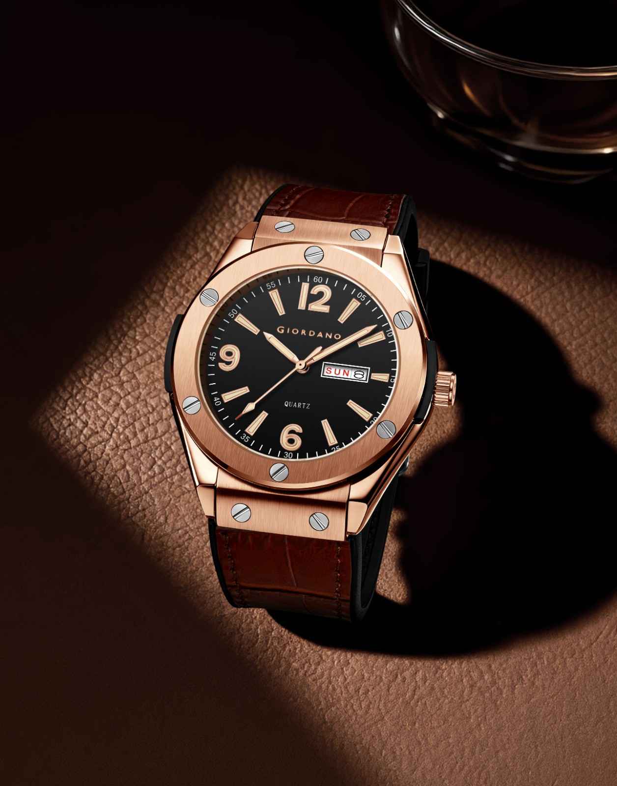 GIORDANO Luxury Watch for Men with Leather Strap, Day-Date Display, Brushed Metal Finish, and Silver Screw Details - GZ-50176-02