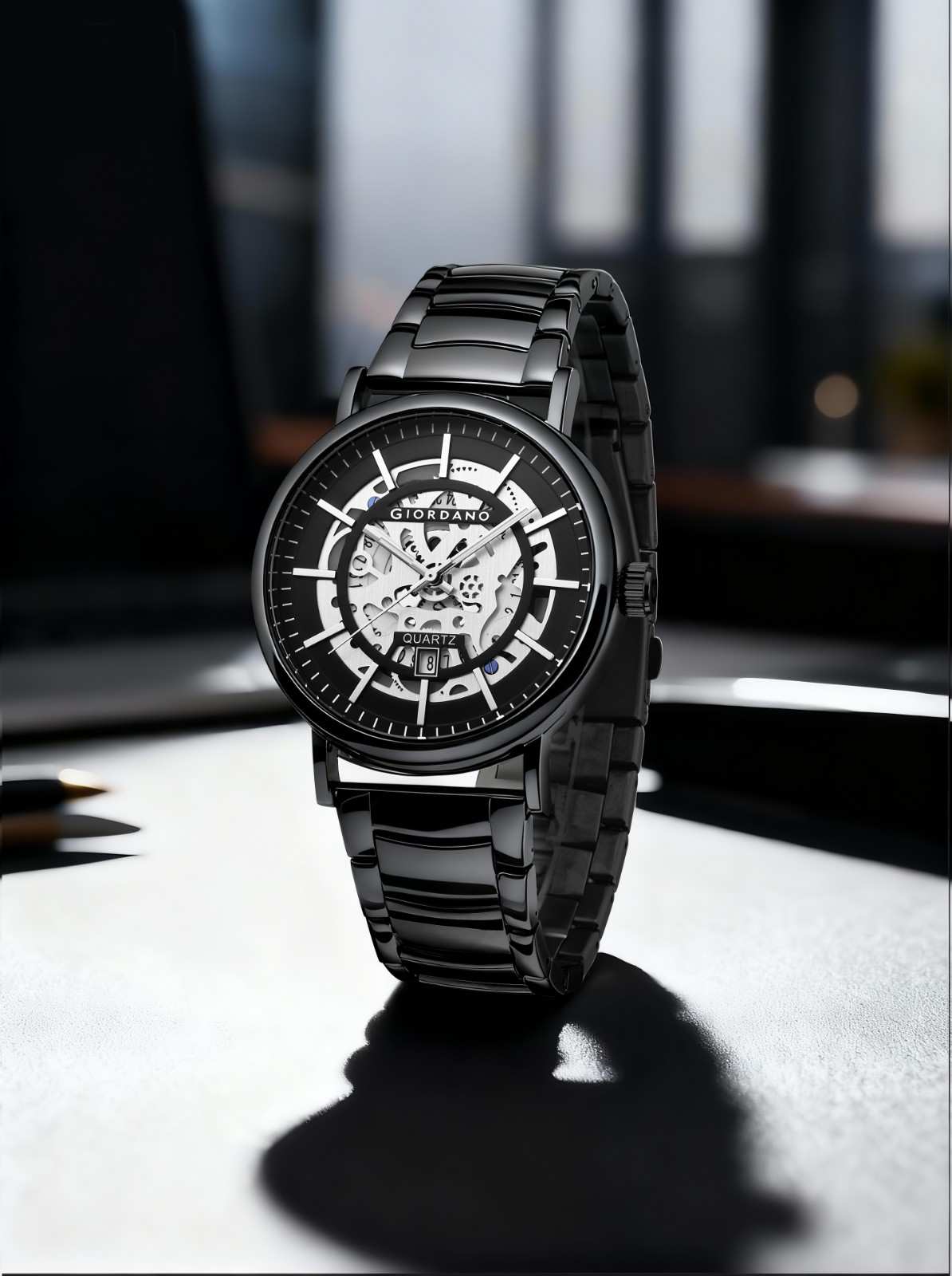 GIORDANO Classic Skeleton Design Watch for Men with Super Luminous Hands, Stainless Steel Strap, and Date Display - GZ-50182-11