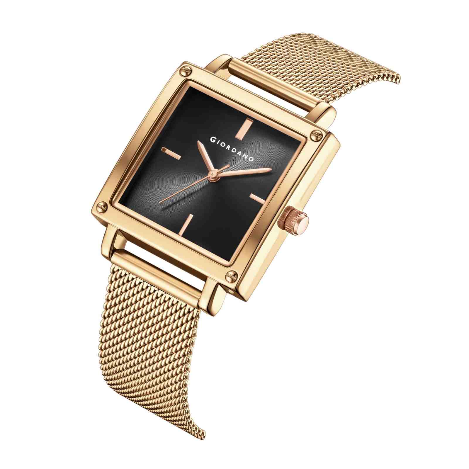 GIORDANO Classic Analog Watch for Women | Sunray Square Dial, Minimal Index Markers & Stainless Steel Mesh Strap - GZ-60124-11