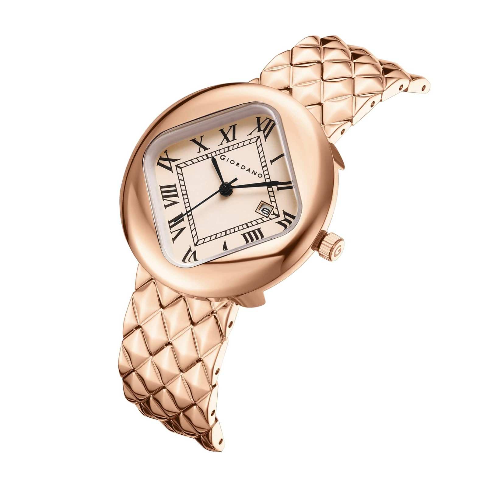 Giordano Elegant Analoge Watch for Women - Unique Rounded-Square Dial, Roman Numeral Dial, Date Display and Textured Stainless Steel Strap | GZ-60121-11