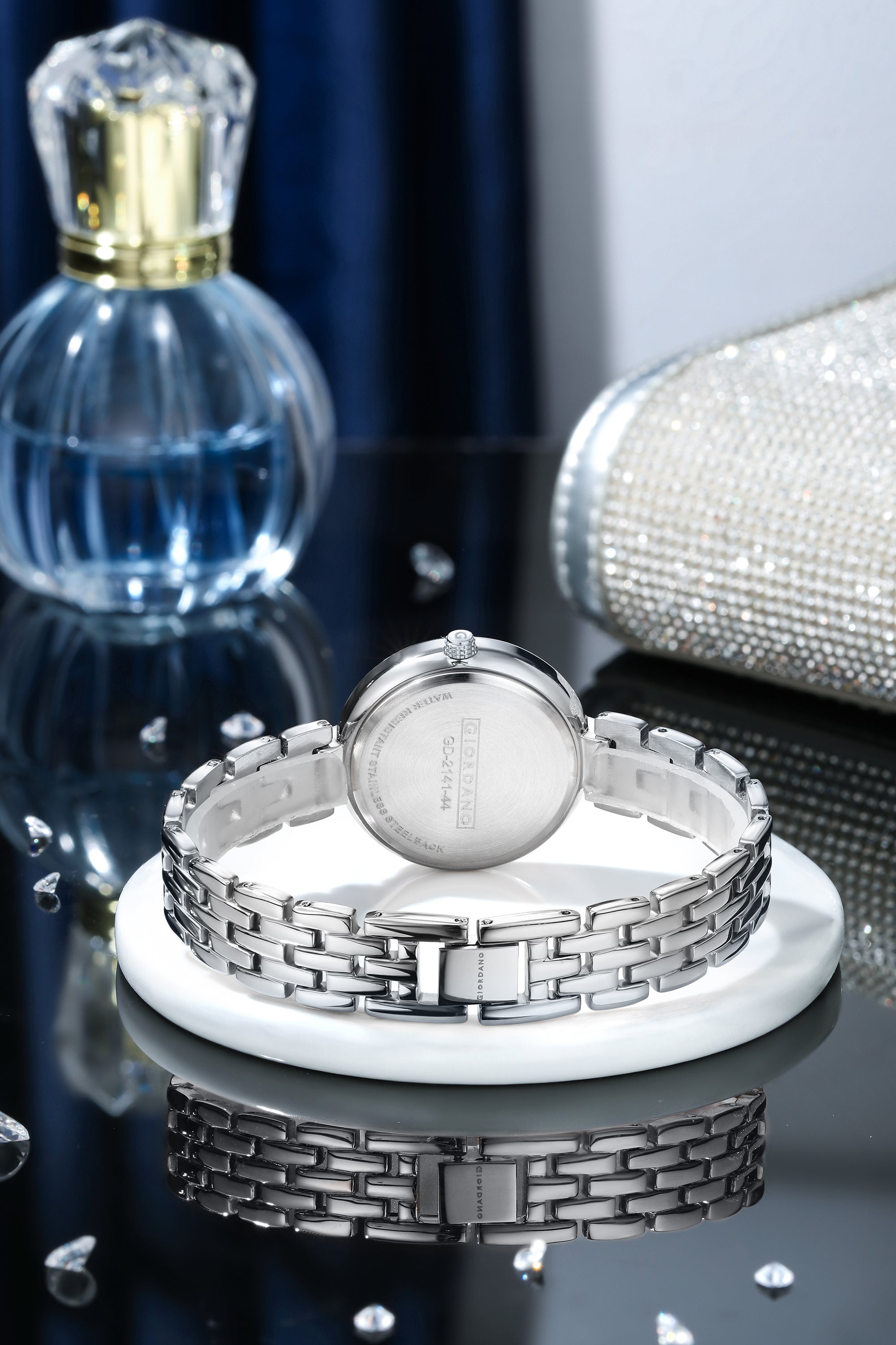Giordano Analog Watch for Women with Diamond Indices, Stainless Steel Strap and Crystal Embellished Bezel | GD-2141-44