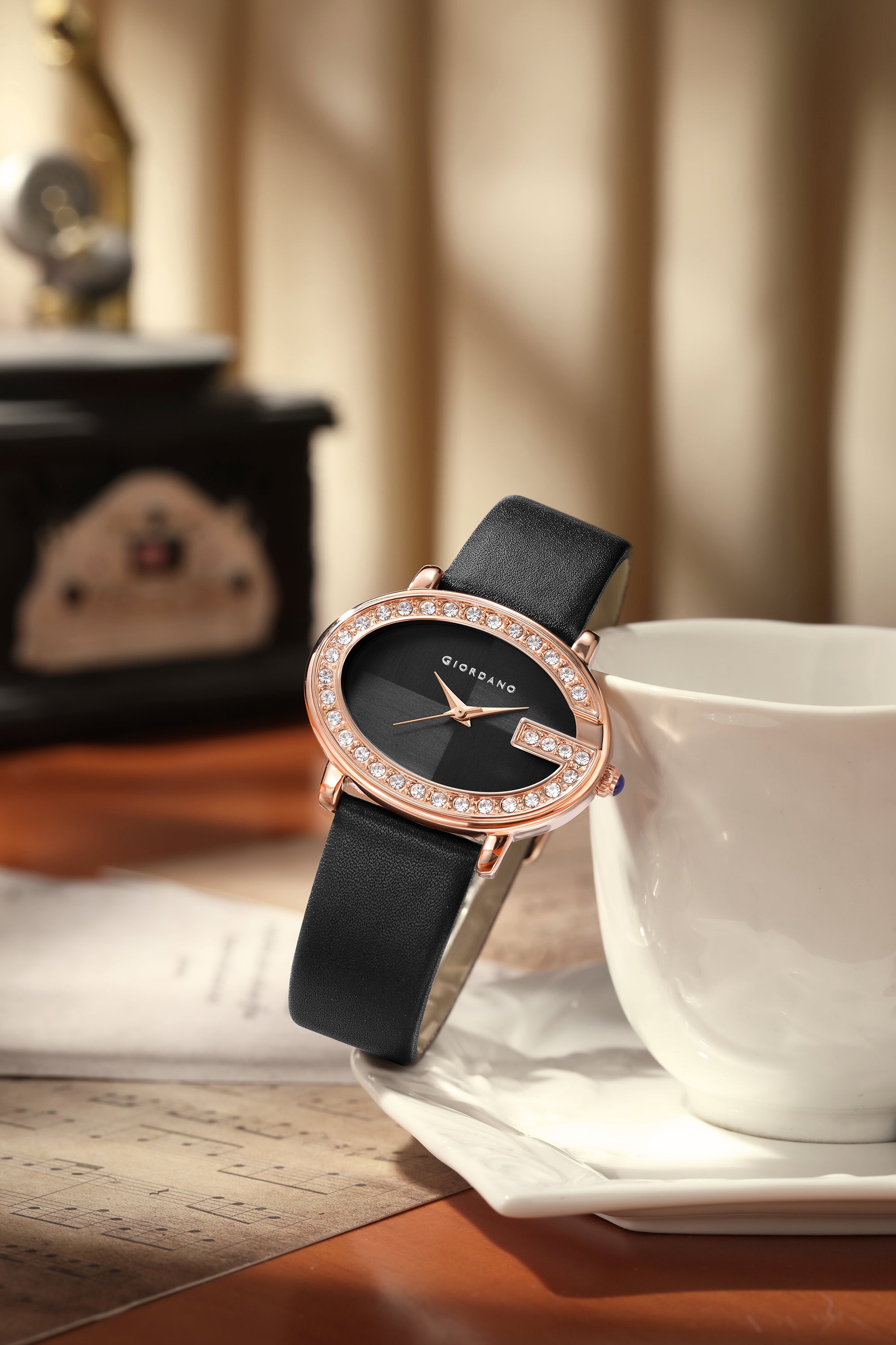 Giordano Monogram Watch for Women with Elegant Oval Shape Dial ,crystal bezel, Quartz Movement and Leather Strap | GZ-60105-01