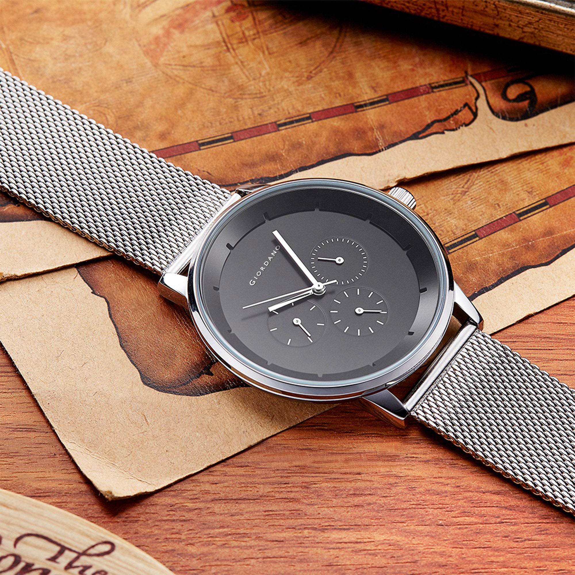 Giordano Skyscrapper Collection Multi-Function Rose Gold Watch for Man with White Dial and Rose Gold Metal Mesh Strap Wrist Watches for Men, with Classy Mesh Band | GZ-50005-11