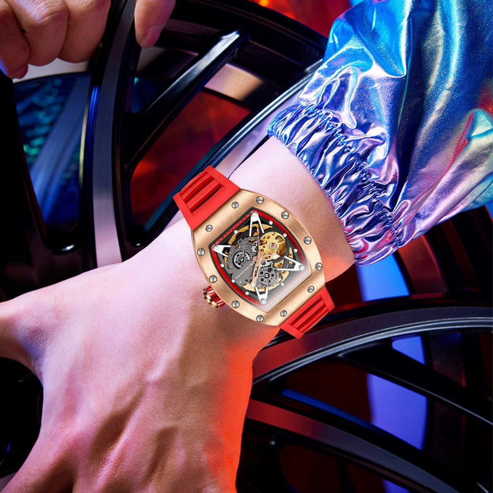 Giordano Automatic Wrist Watch for Men - Open Skeleton Dial | Brushed Steel Case Mechanical Movement with Silicone Strap | GZ-50145-03