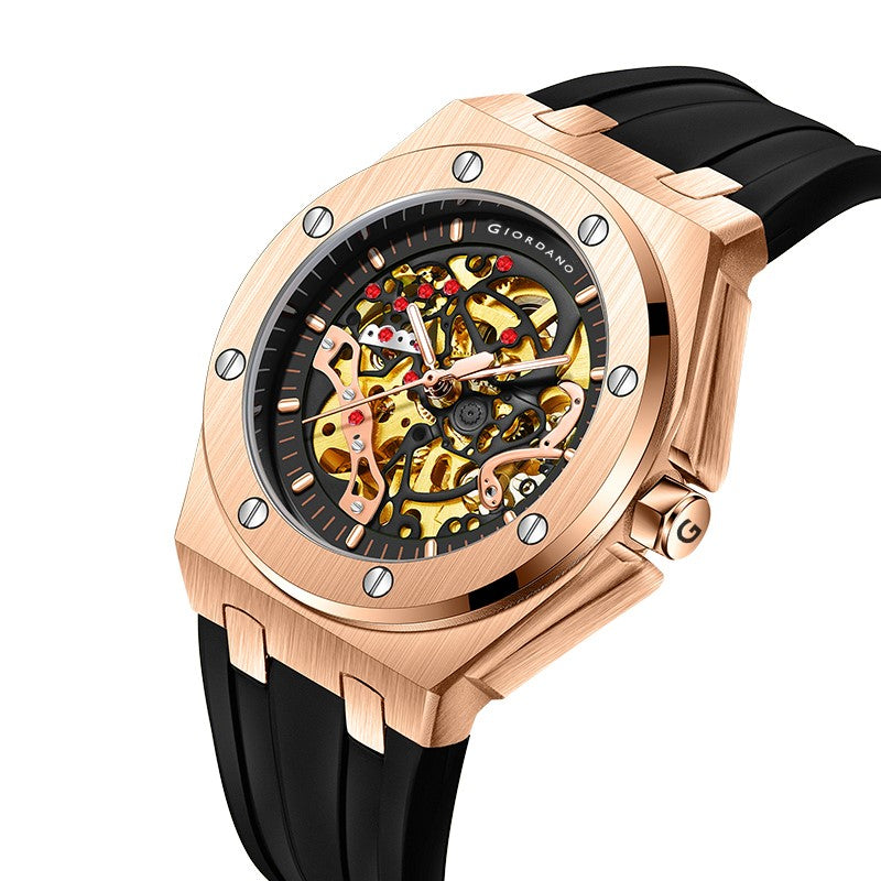 Giordano Automatic Watch for Men – Mechanical Skeleton Dial,Transparent Gear Display, Silicon Strap | GZ-50129-02