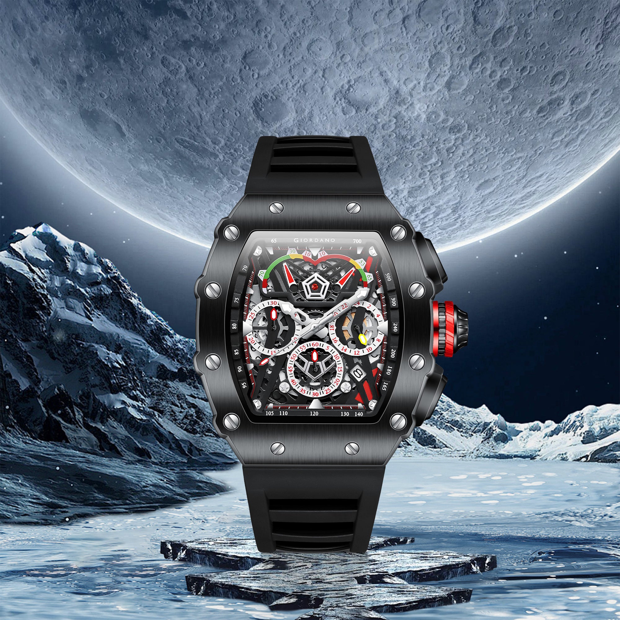 Giordano SPYDER Multifunction Watch - with Day, Date, and 24-Hour Sub-Dials | Water Resistant Square dial Unique Design Wrist Watch for Man | Best Gift for Males - GZ-50120-01