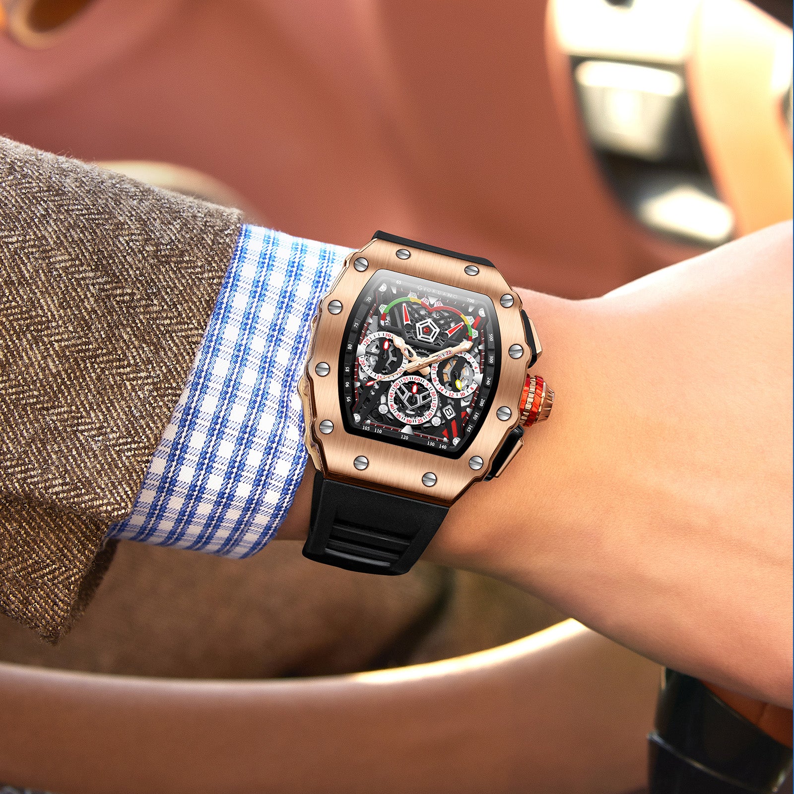 Giordano SPYDER Multifunction Watch - with Day, Date, and 24-Hour Sub-Dials | Water Resistant Square dial Unique Design Wrist Watch for Man | Best Gift for Males - GZ-50120-02